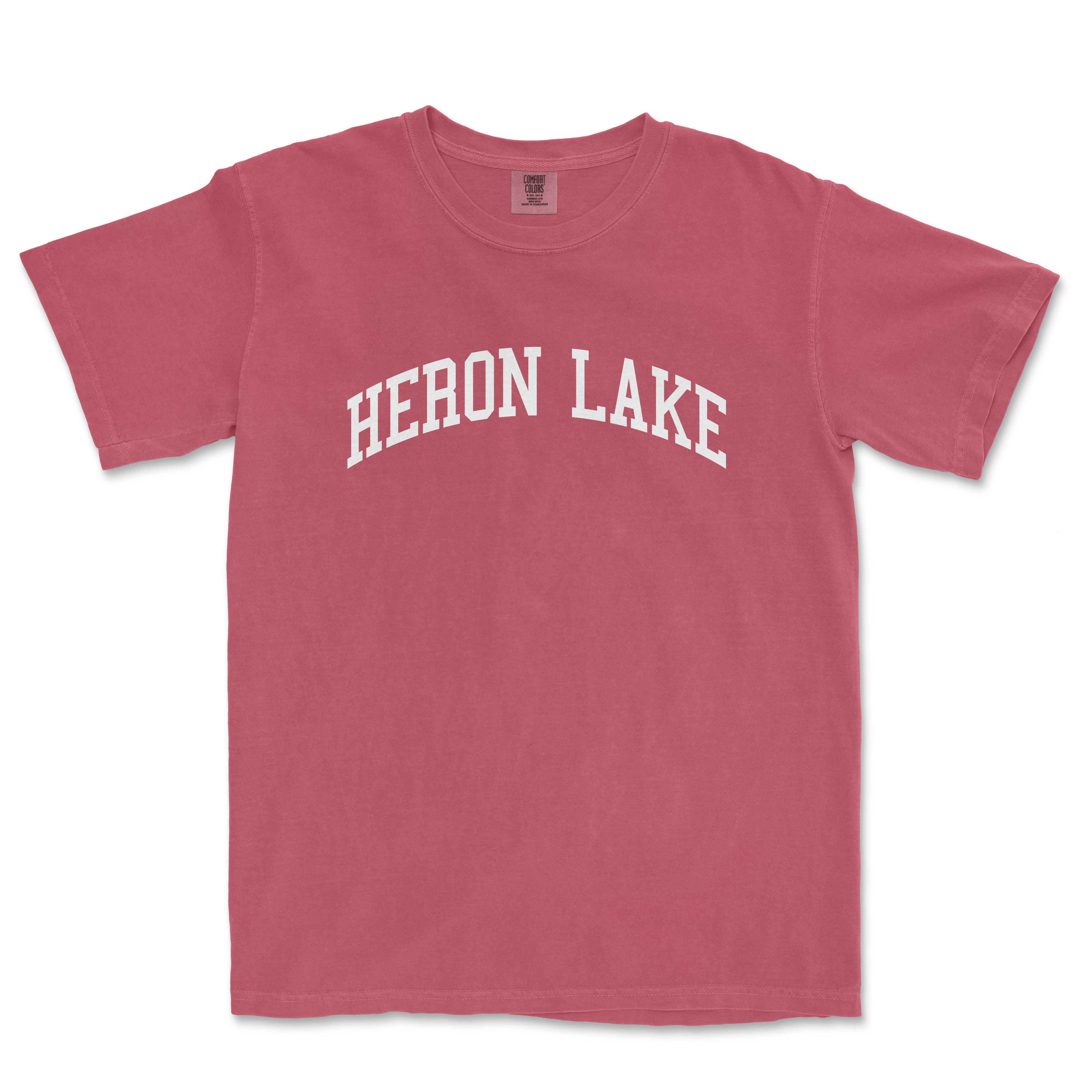 a red shirt with the word heron lake on it