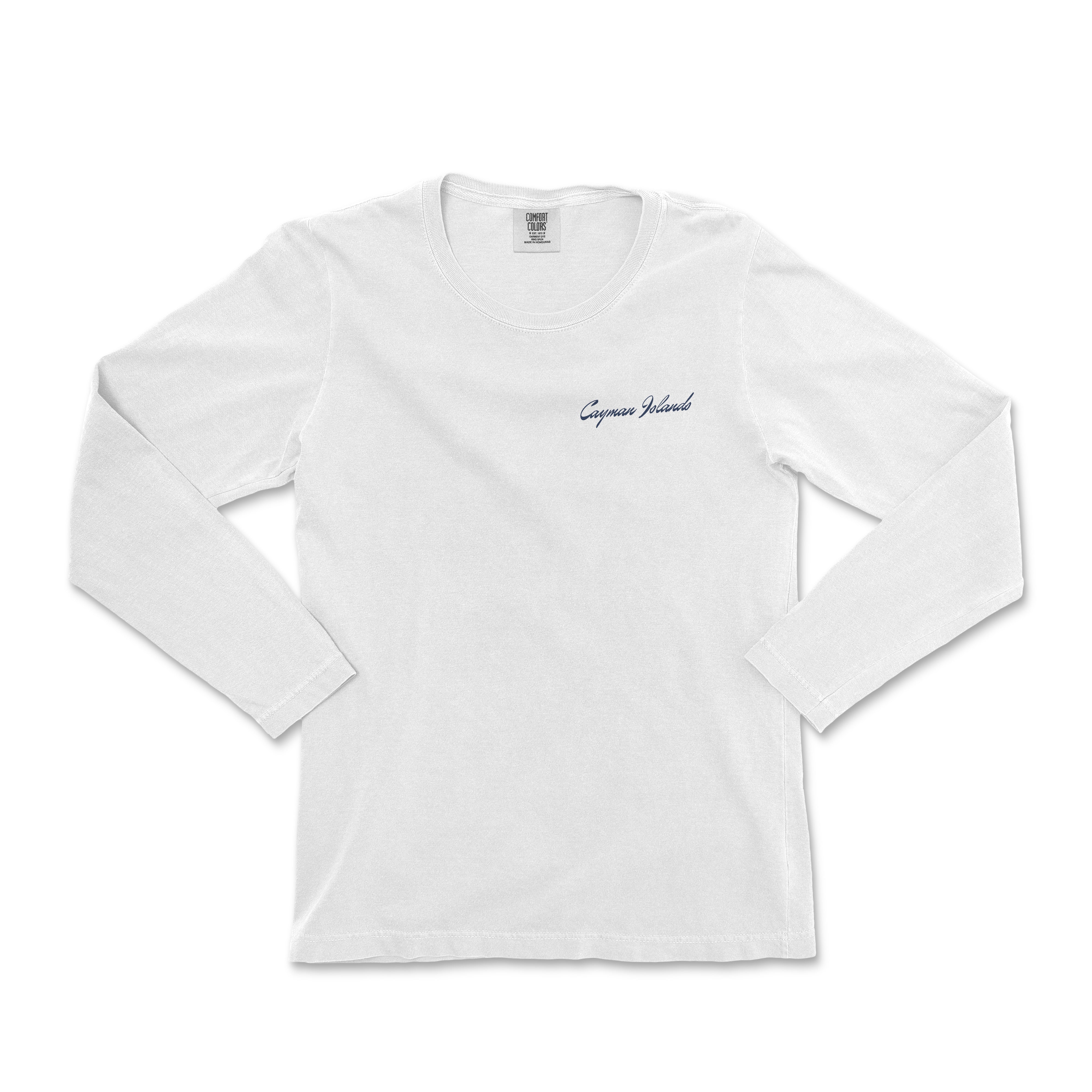 a white long sleeve shirt with the words,'good morning'in blue ink