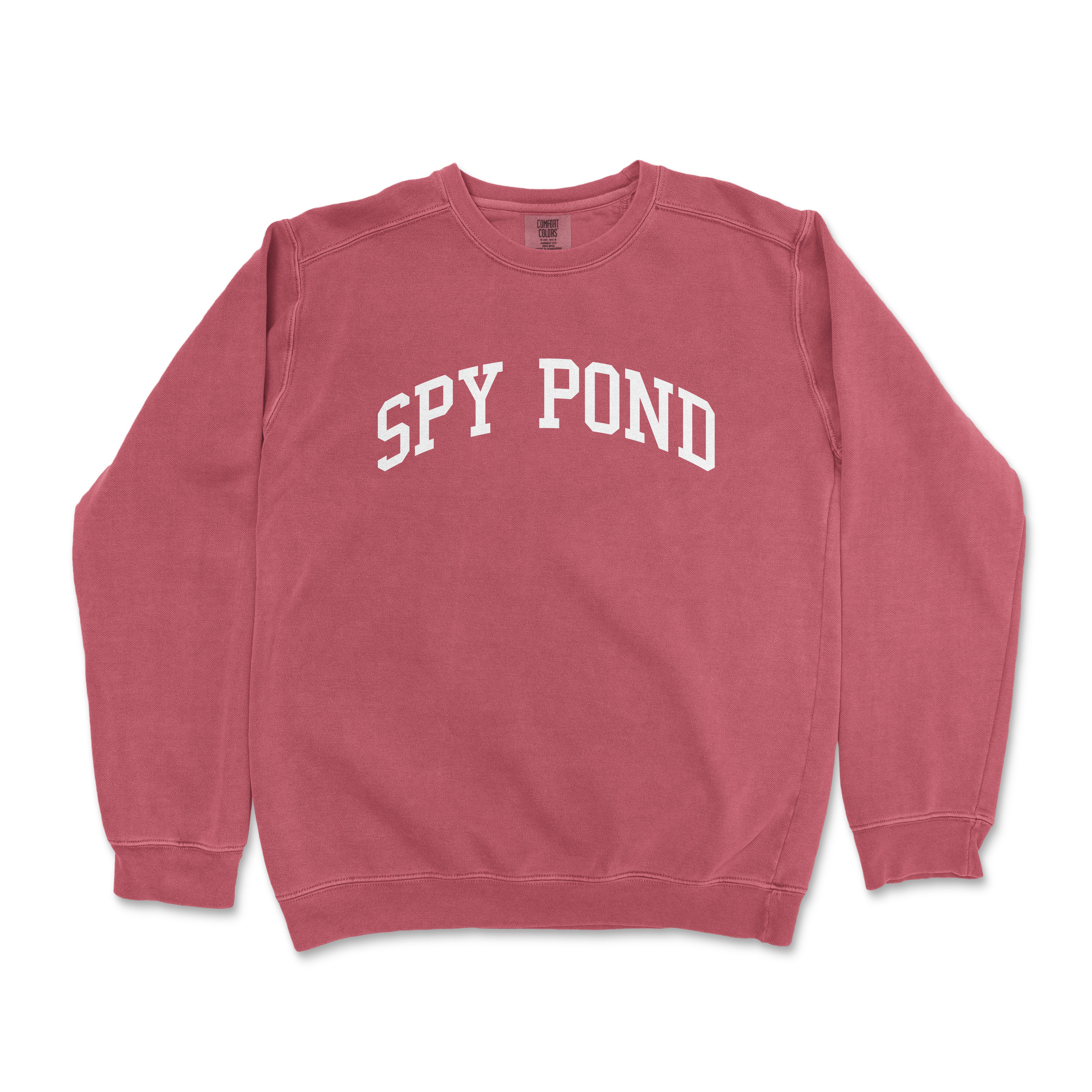 a red sweatshirt with the word spy pond on it