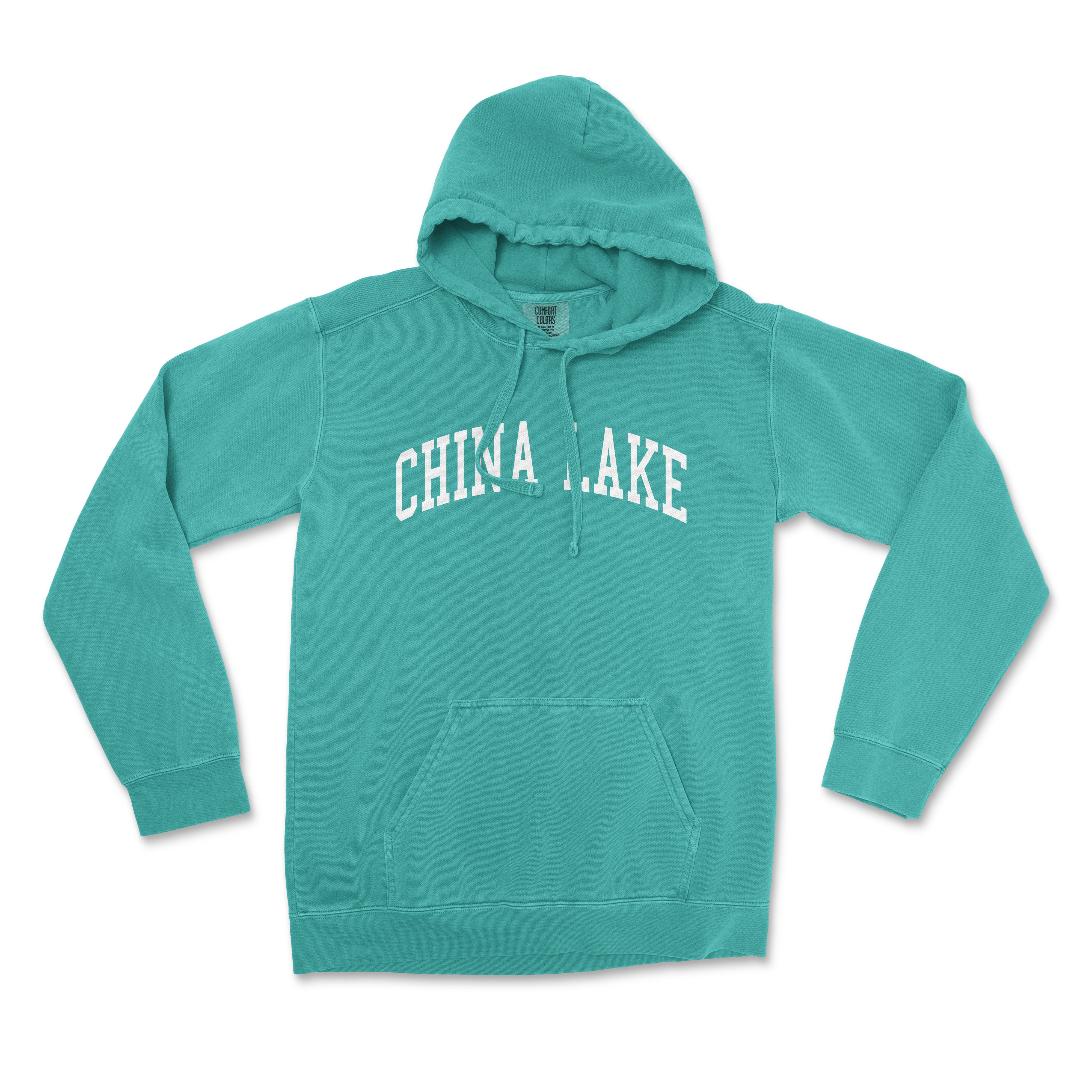 a teal sweatshirt with the word chicago lake printed on it