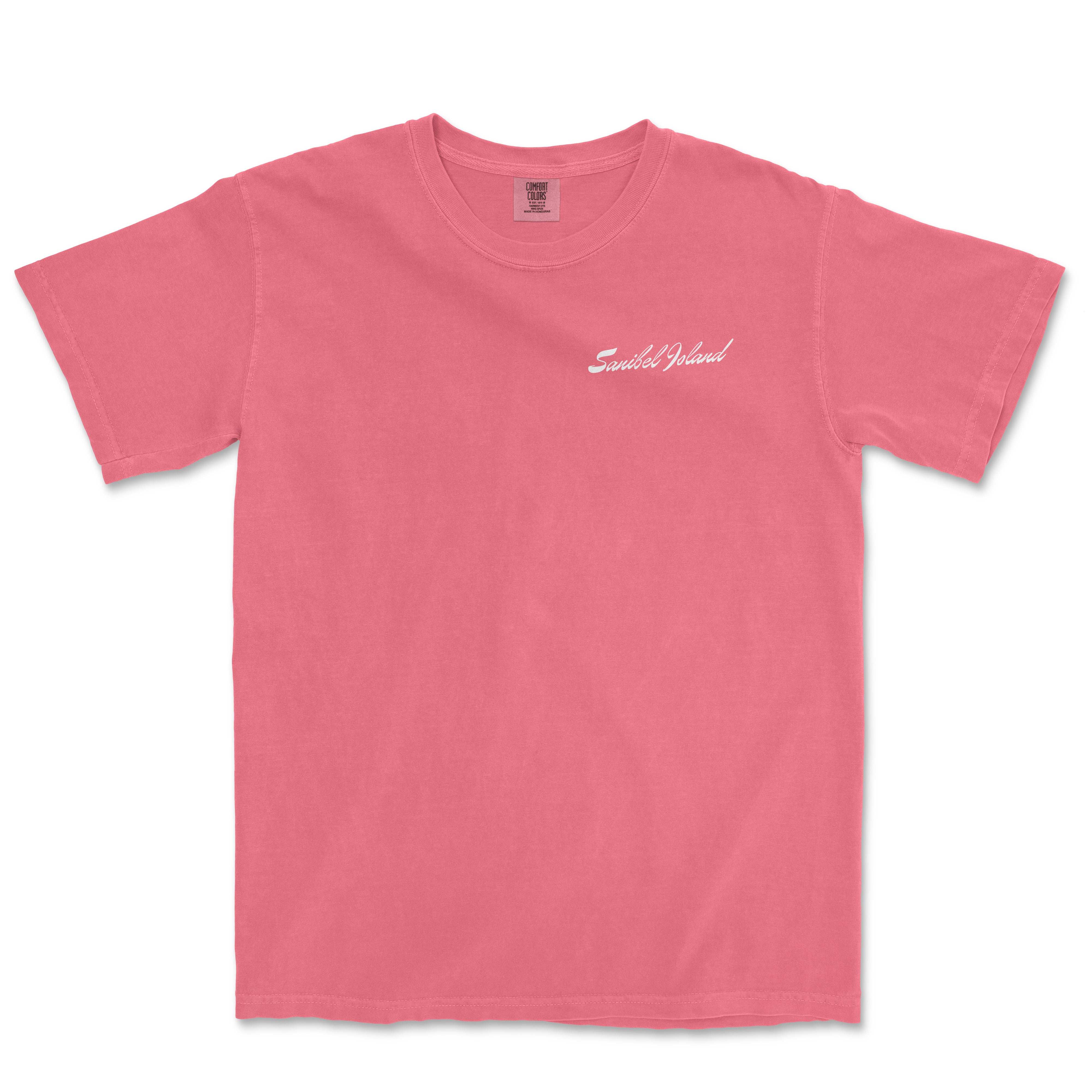 a pink t - shirt with a white embroidered logo