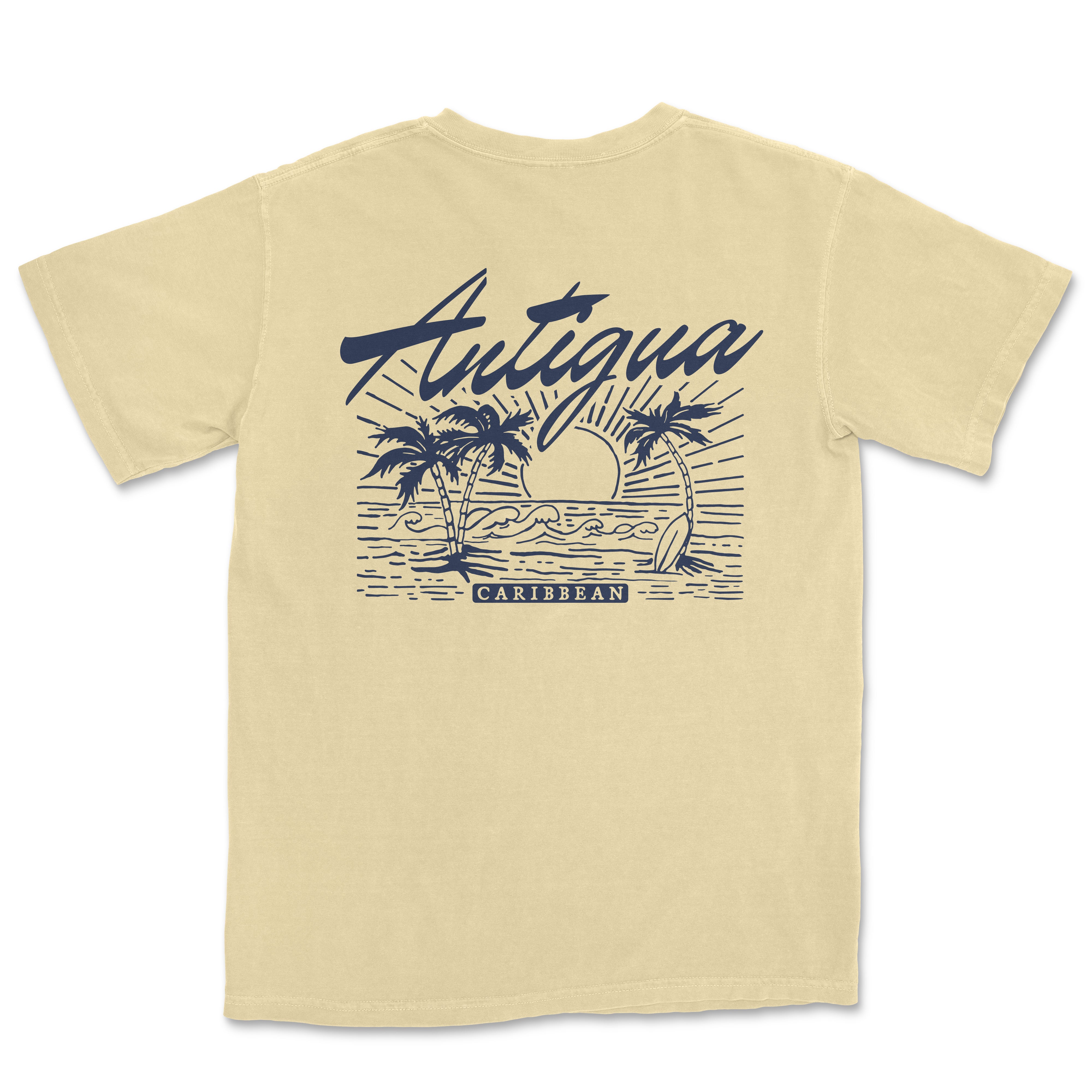 a yellow t - shirt with a picture of a boat and palm trees