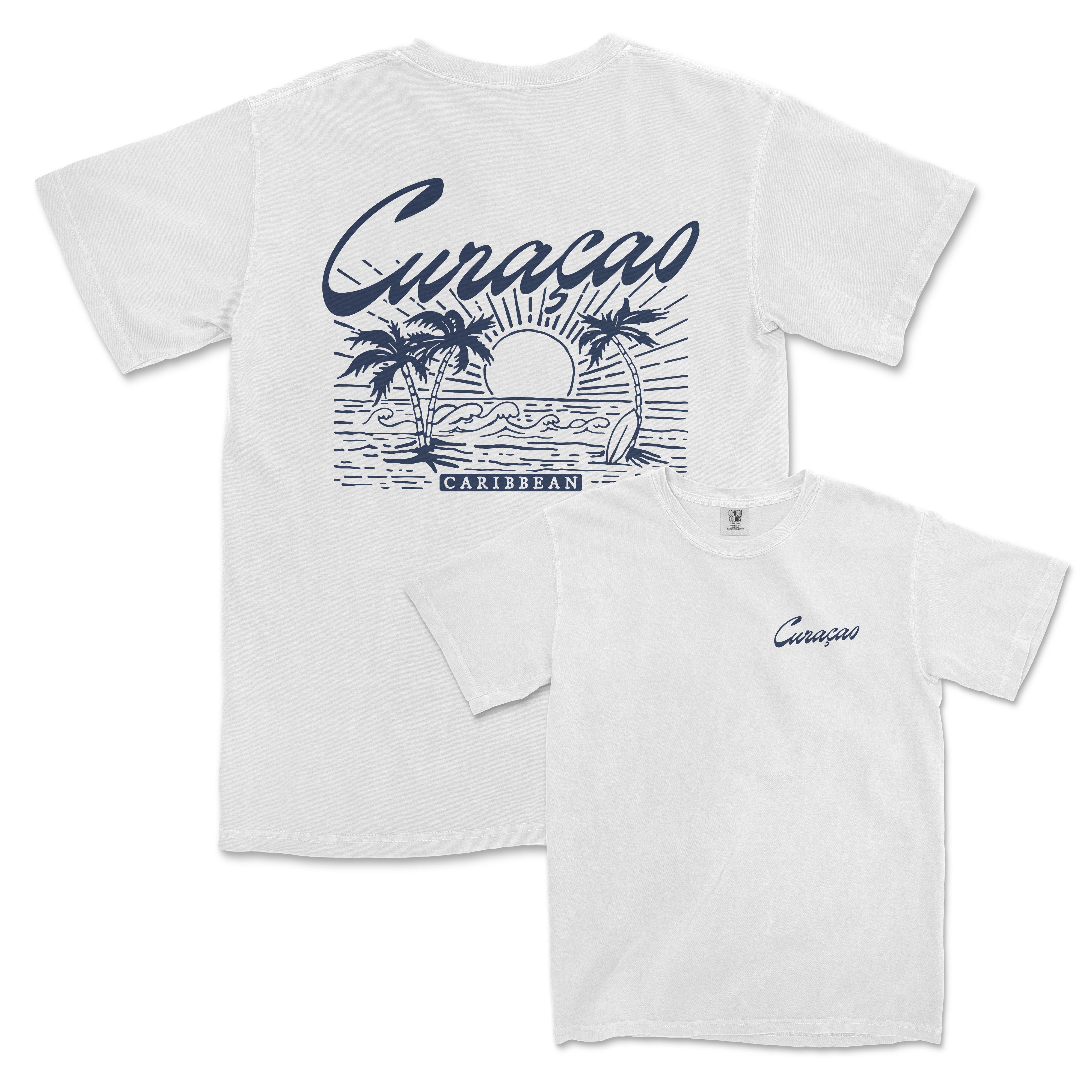 a white t - shirt with a picture of a sunset and palm trees