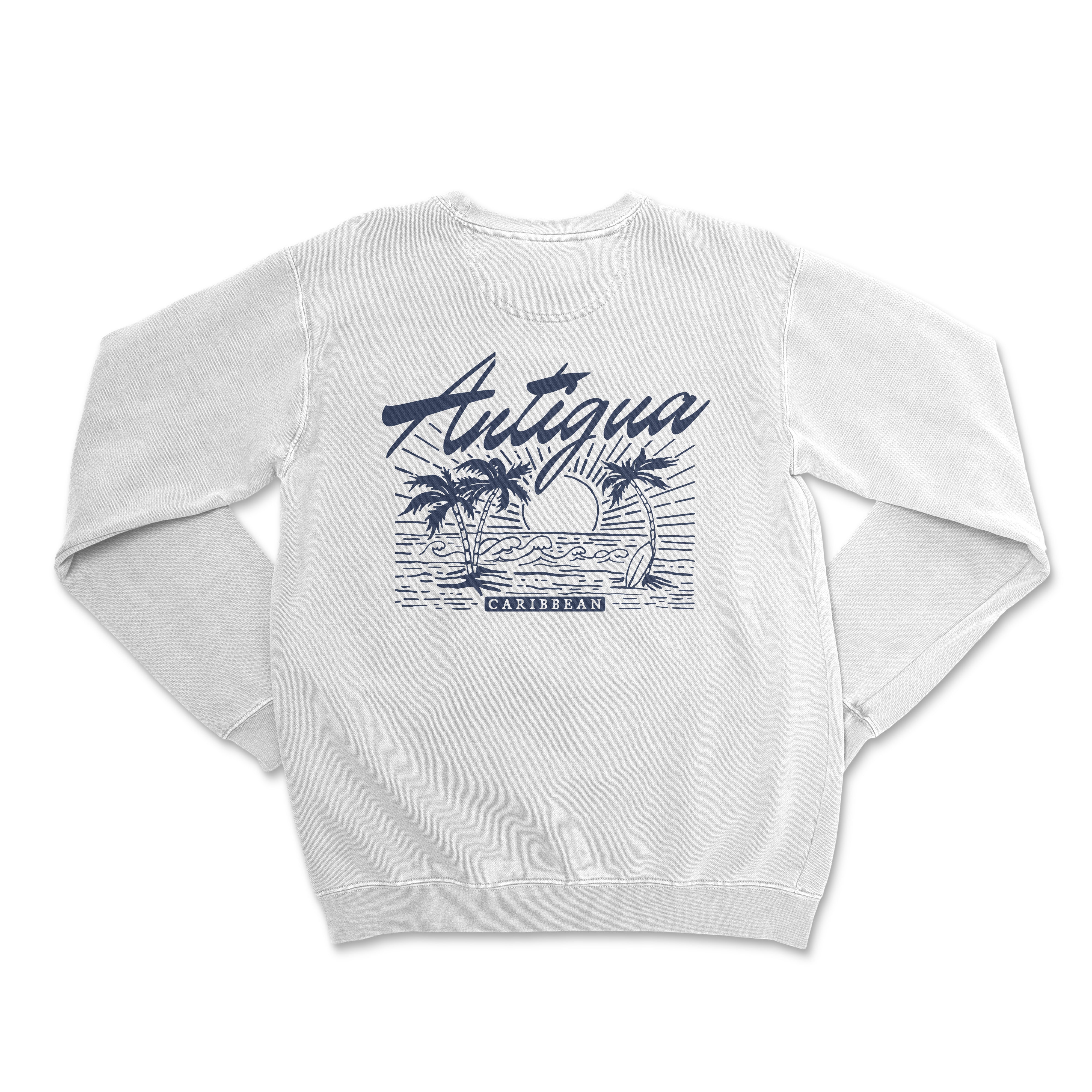 a white sweatshirt with a picture of a boat and palm trees