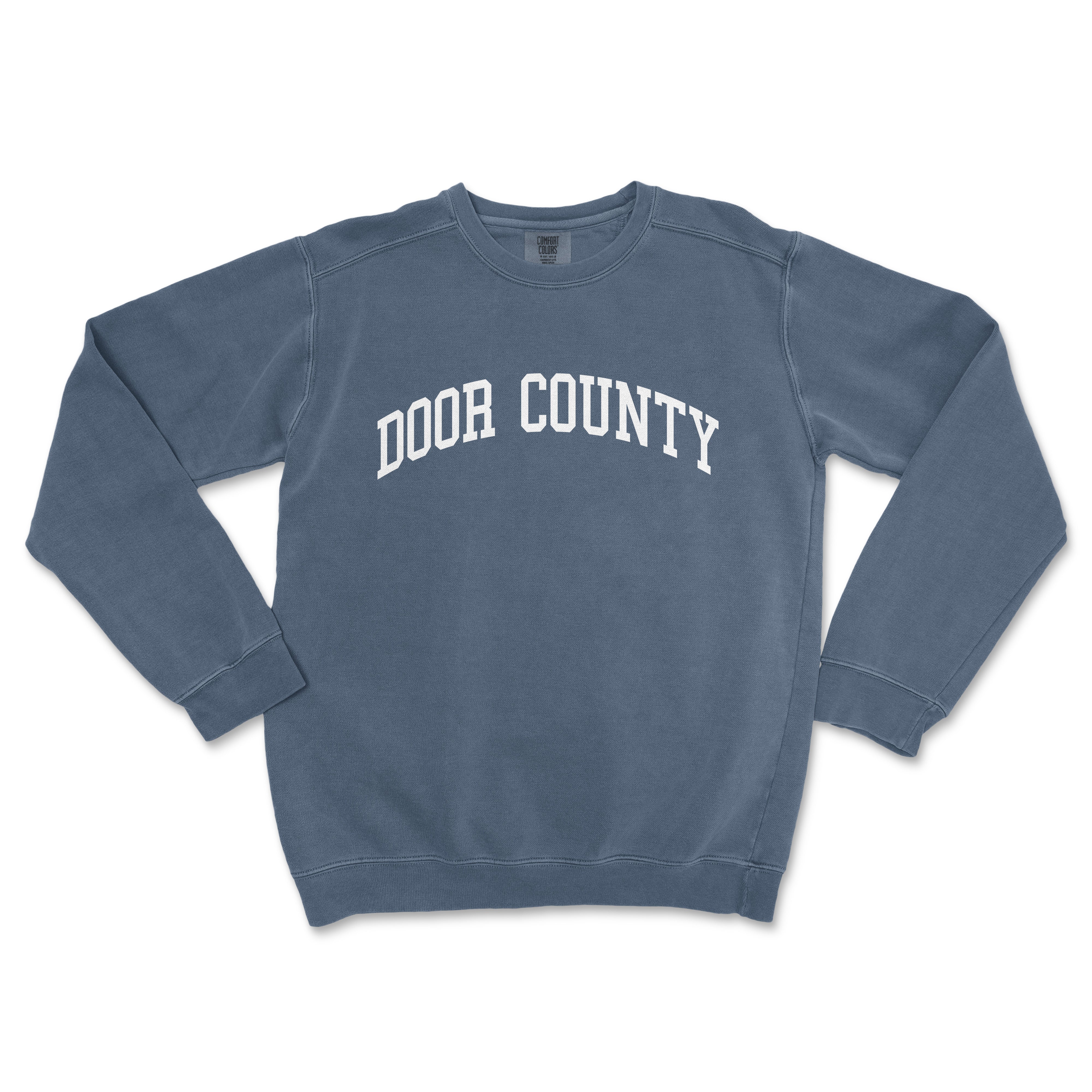 a blue sweatshirt with the word door county on it