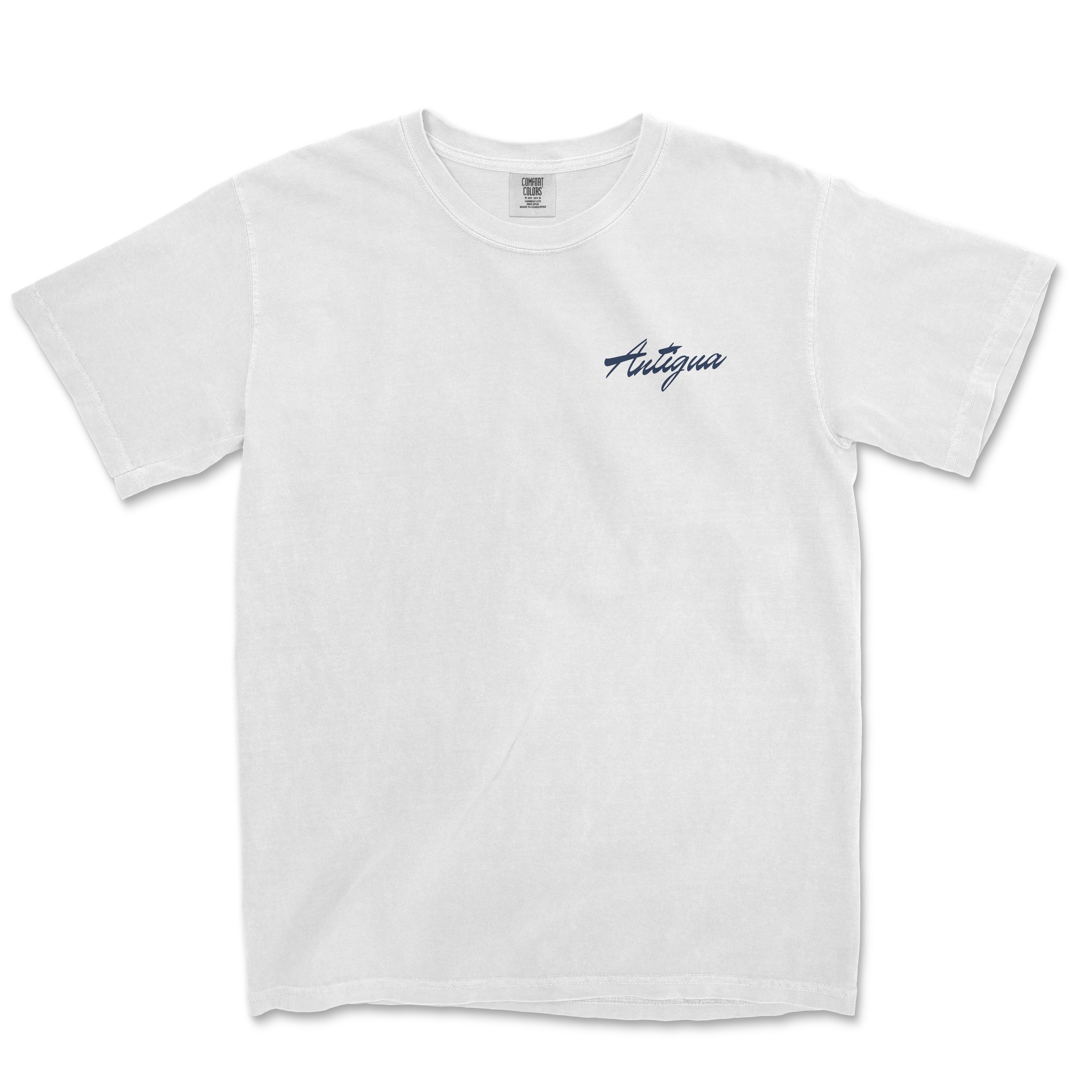 a white t - shirt with a blue embroidered logo