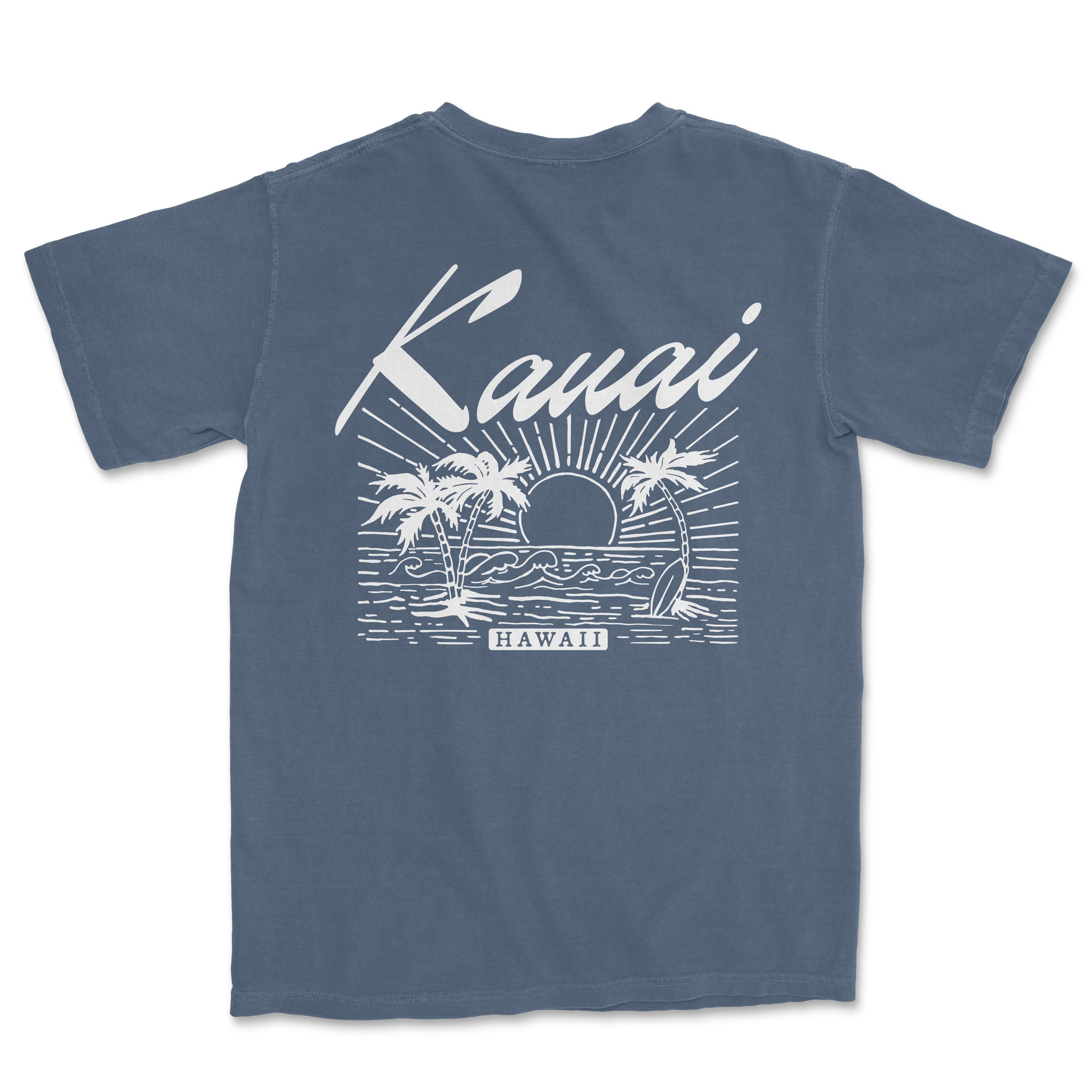 a blue t - shirt with the words kauai on it