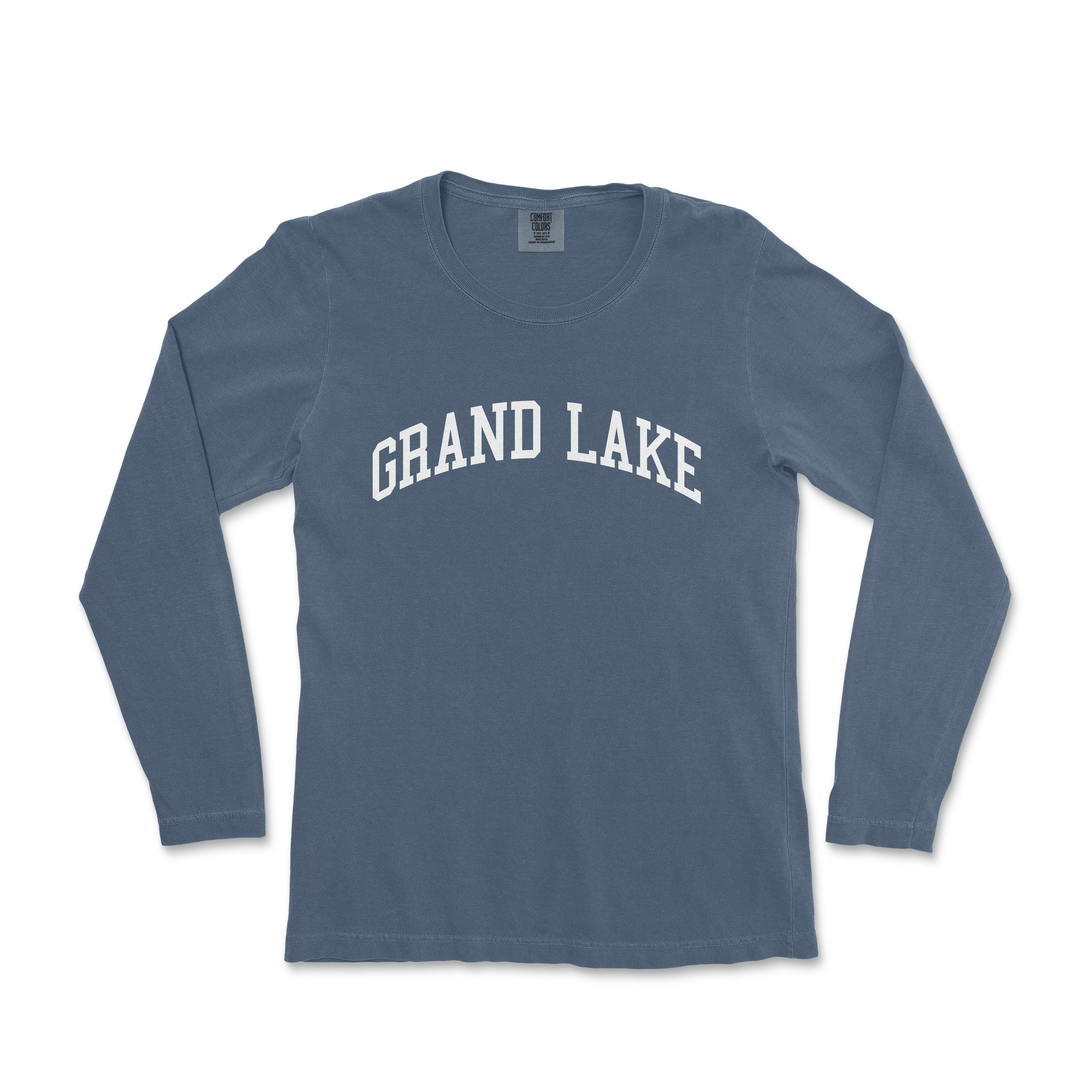 a blue shirt with the words grand lake on it