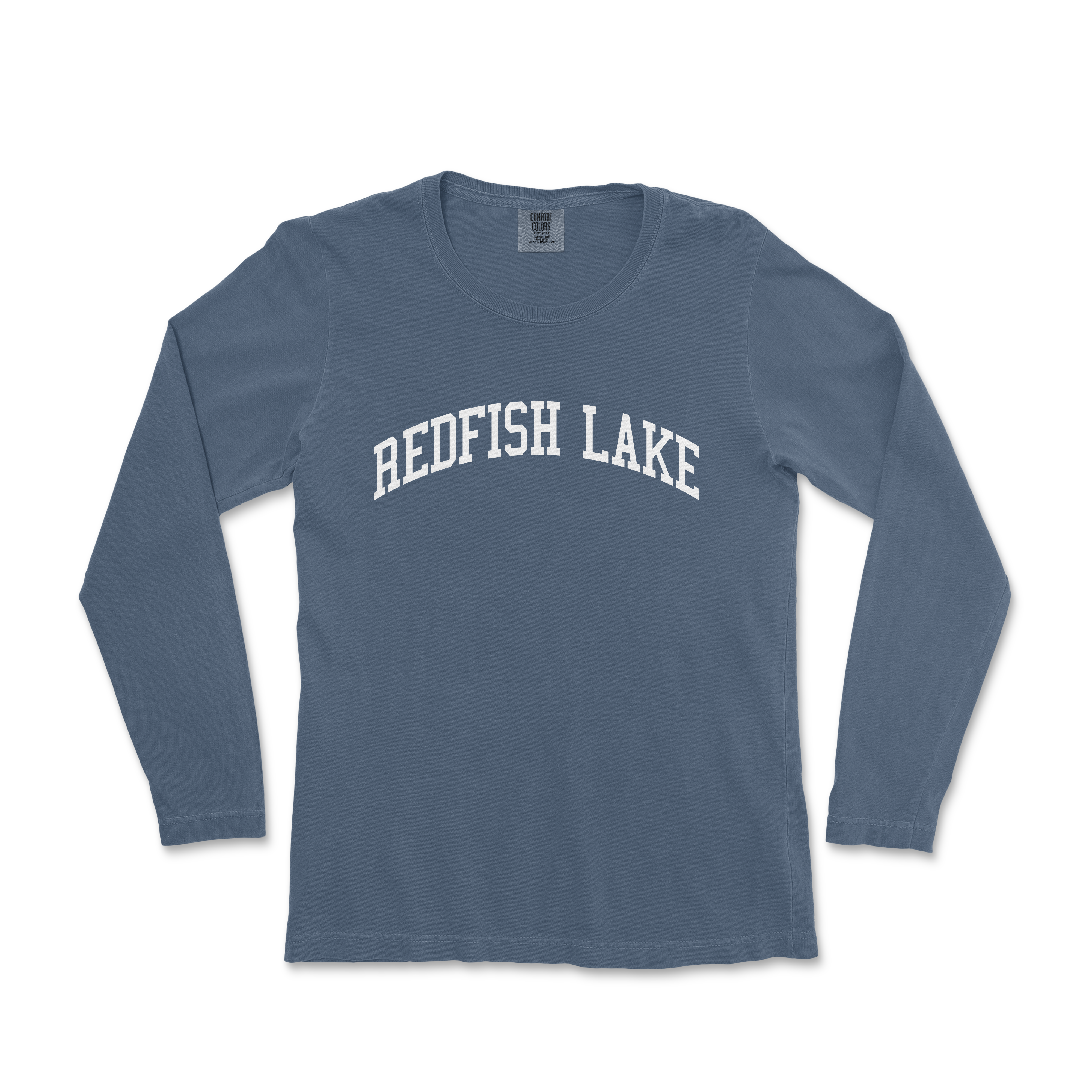 a blue long - sleeved shirt with the words redfish lake on it