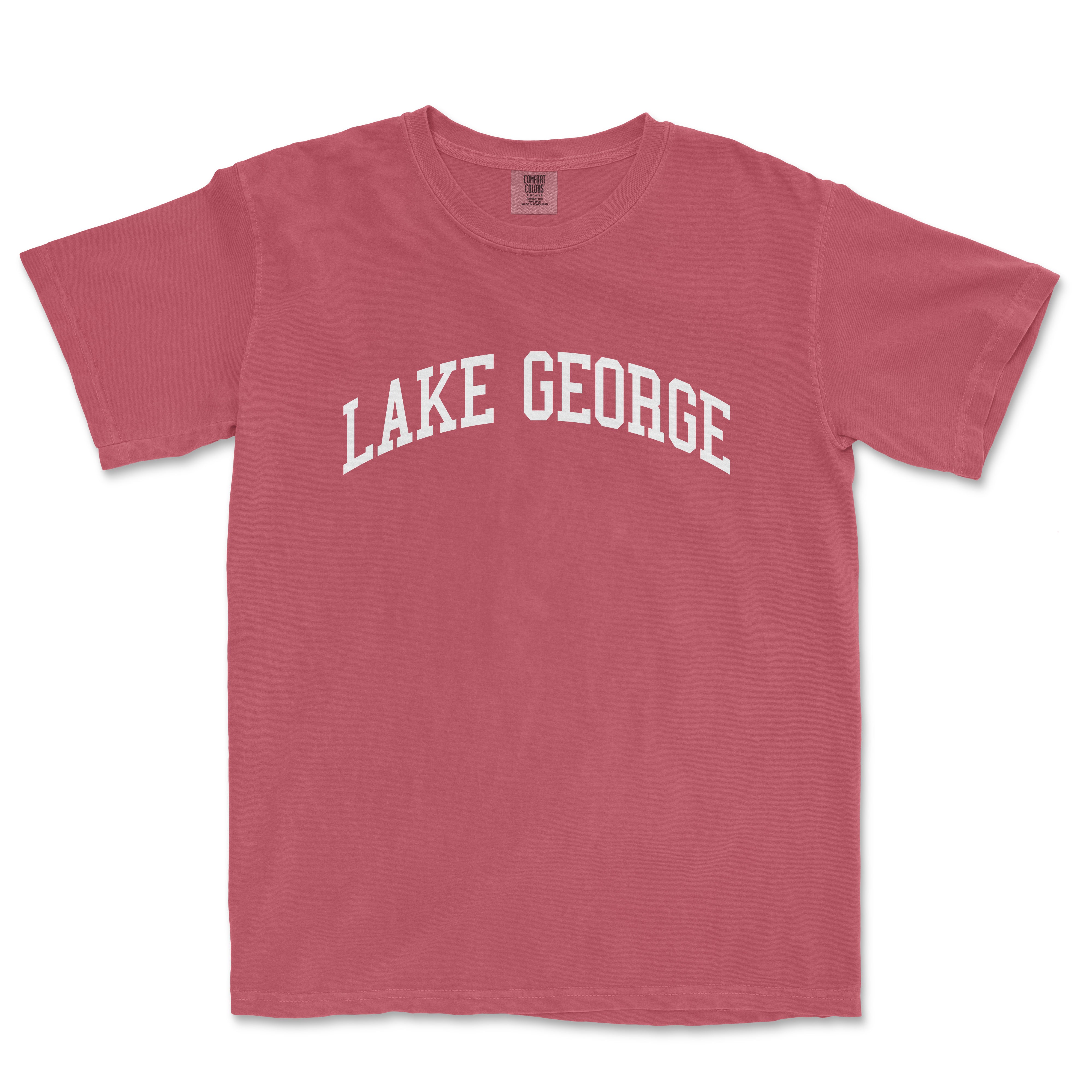 a red lake george t - shirt with the word lake george on it