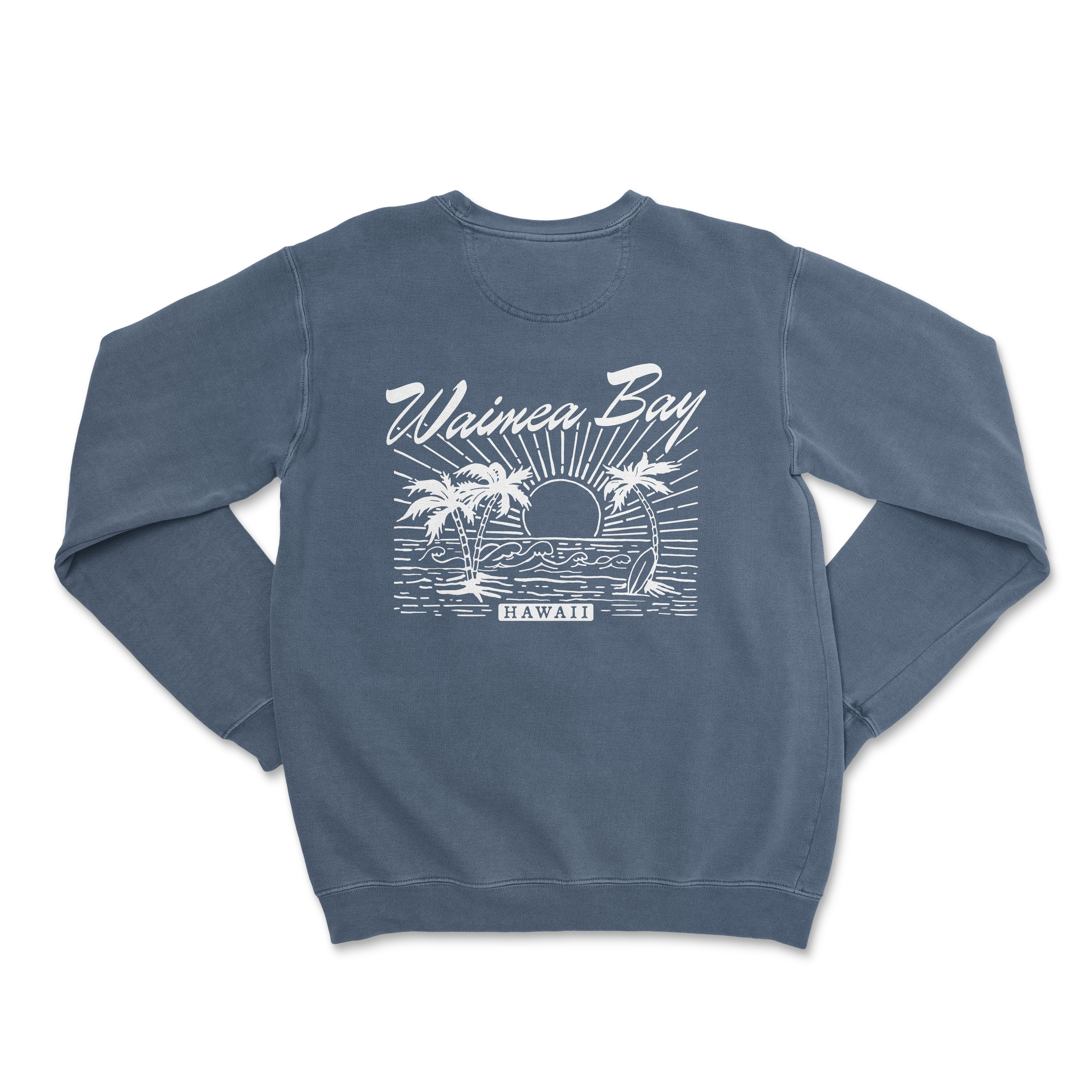 a blue sweatshirt with a picture of a boat and palm trees