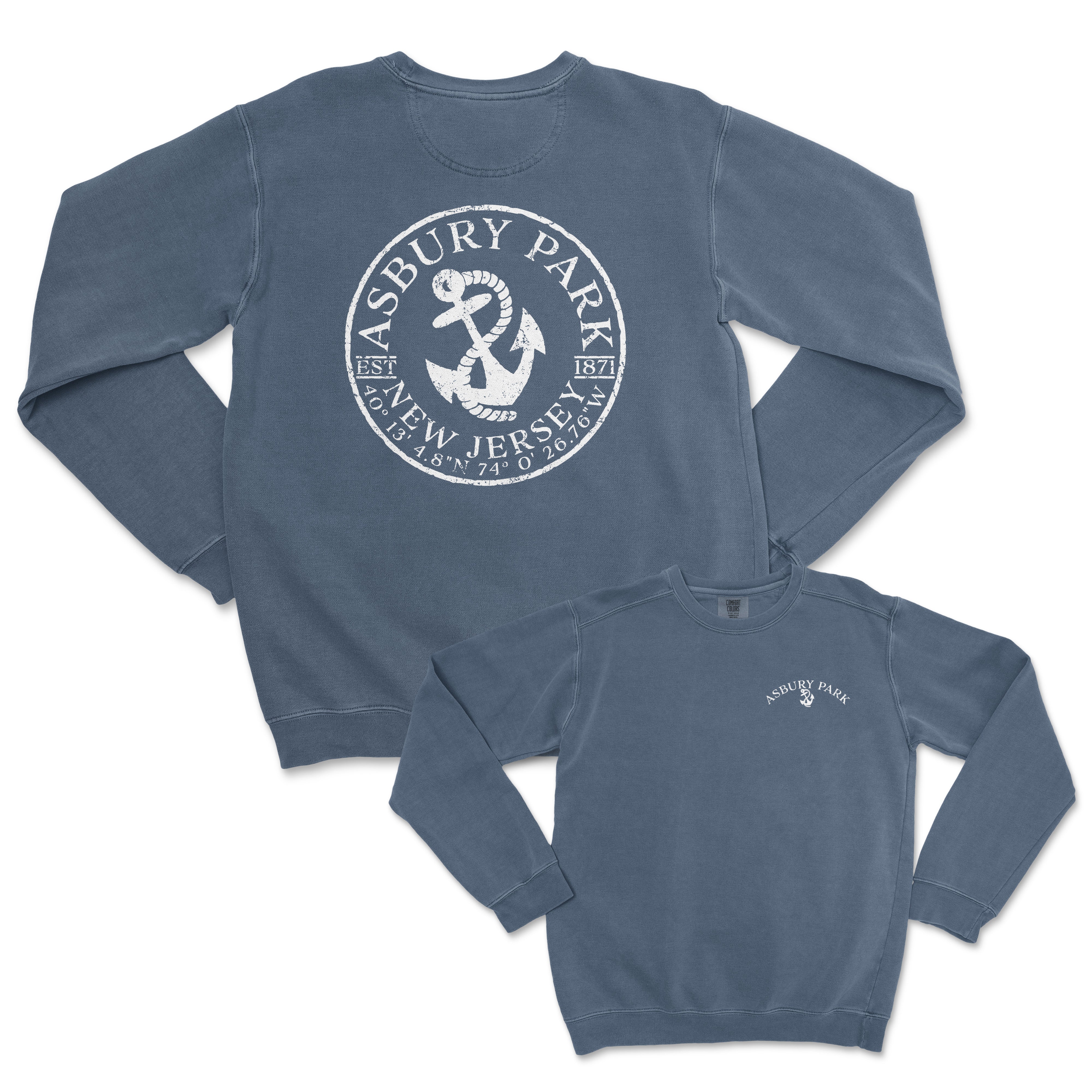 a blue sweatshirt with an anchor and a white seal on it