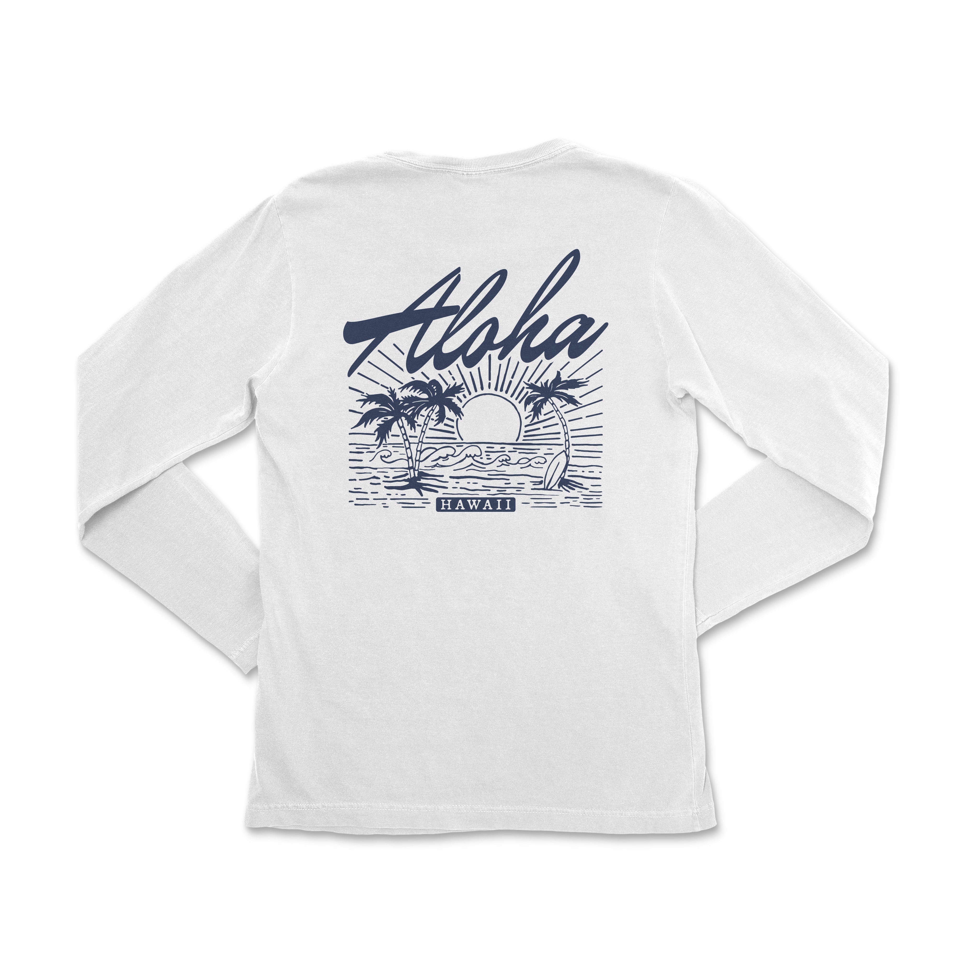 a white long sleeve shirt with the words aloha on it