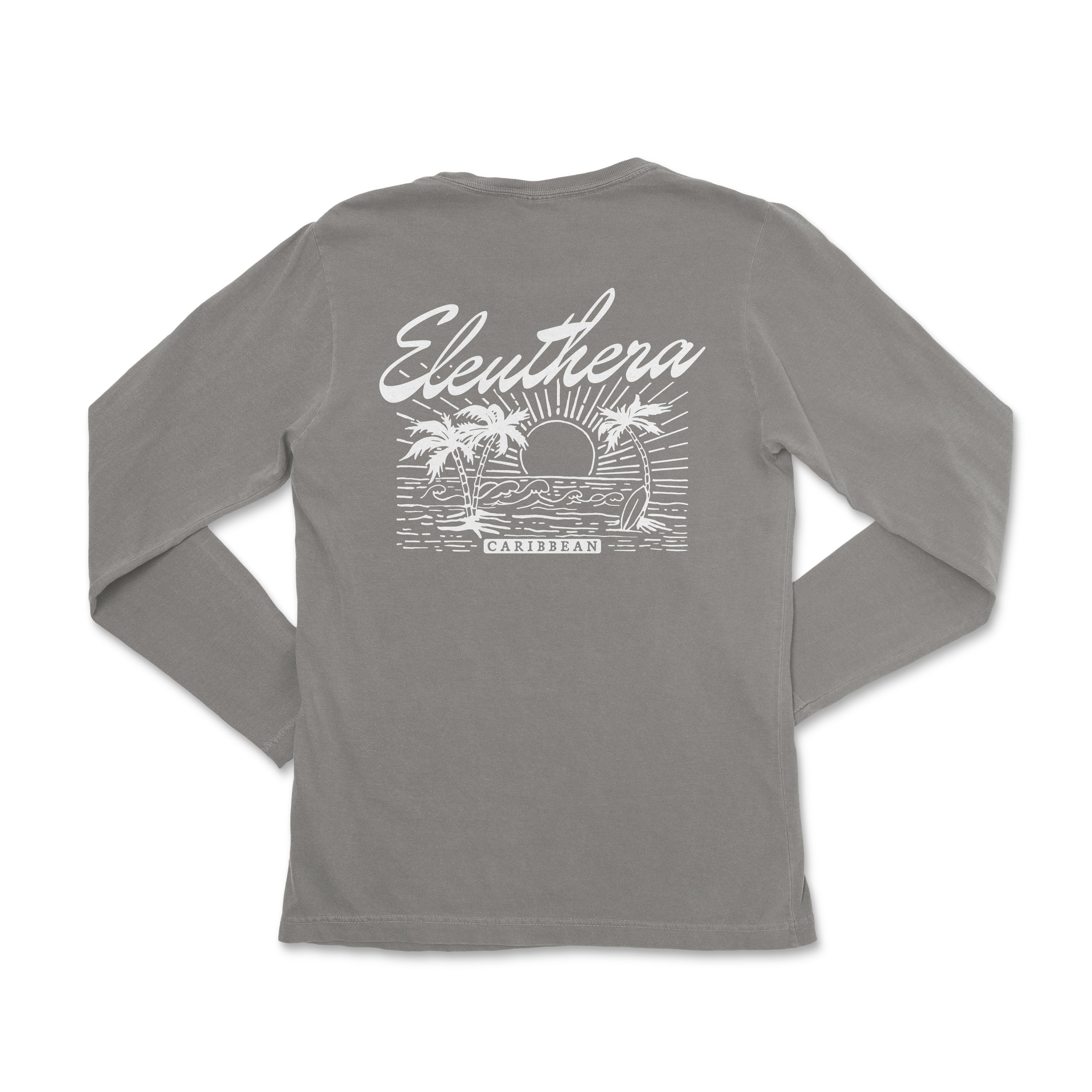 the back of a gray long - sleeved shirt with the words, eleu