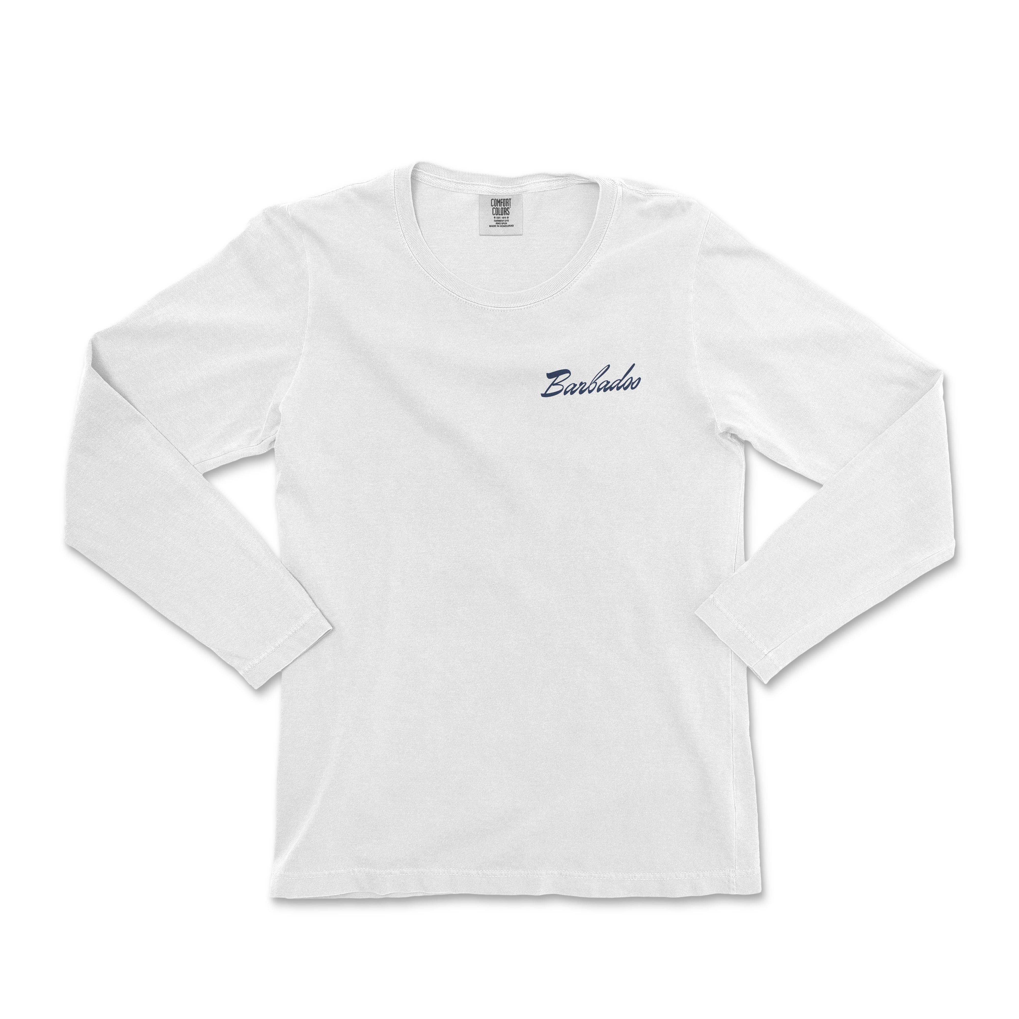 a white long sleeve shirt with a blue embroidered logo