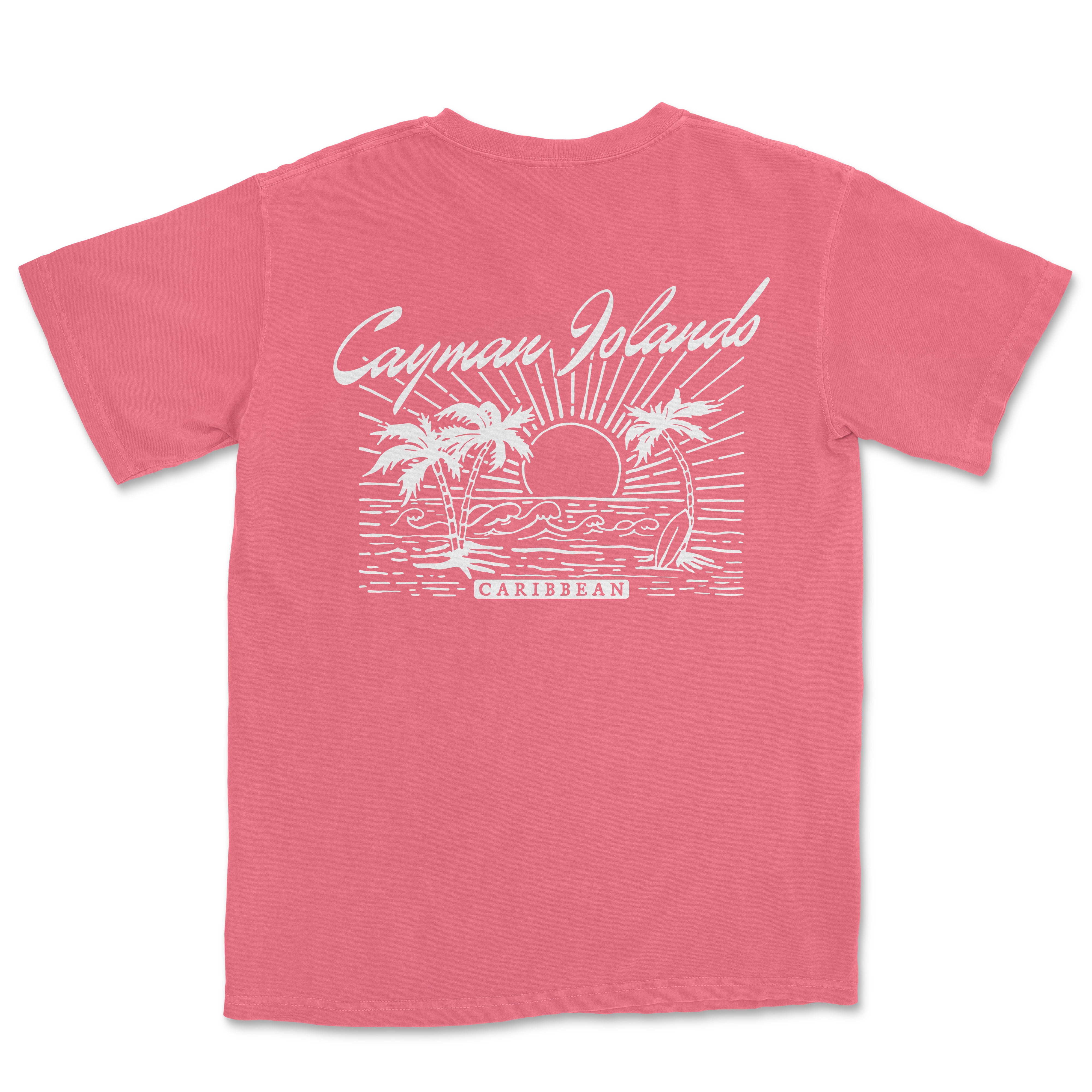 a pink t - shirt with a picture of a boat and palm trees