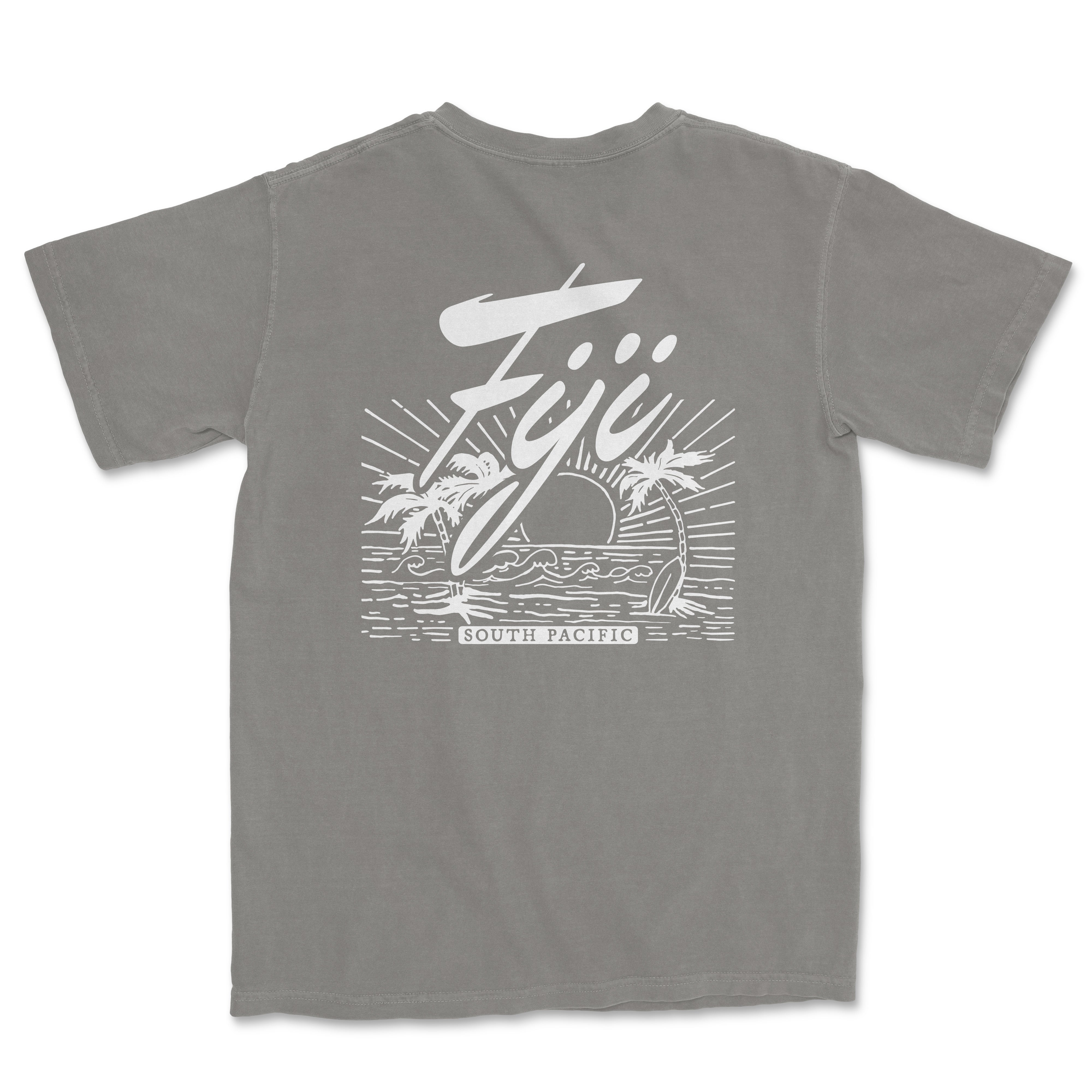 a gray t - shirt with the word fiji on it