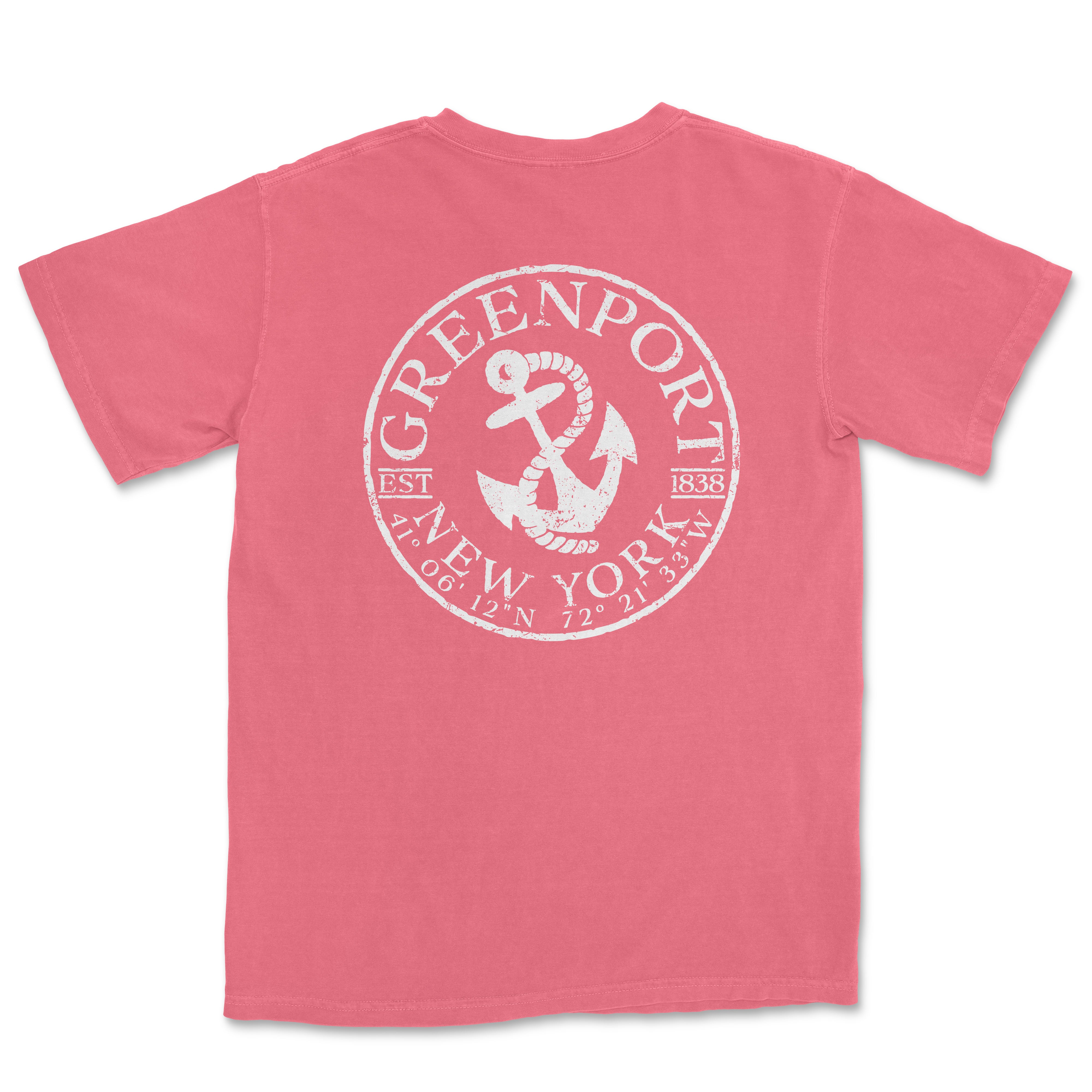 a pink t - shirt with an anchor and the words greenport, new york