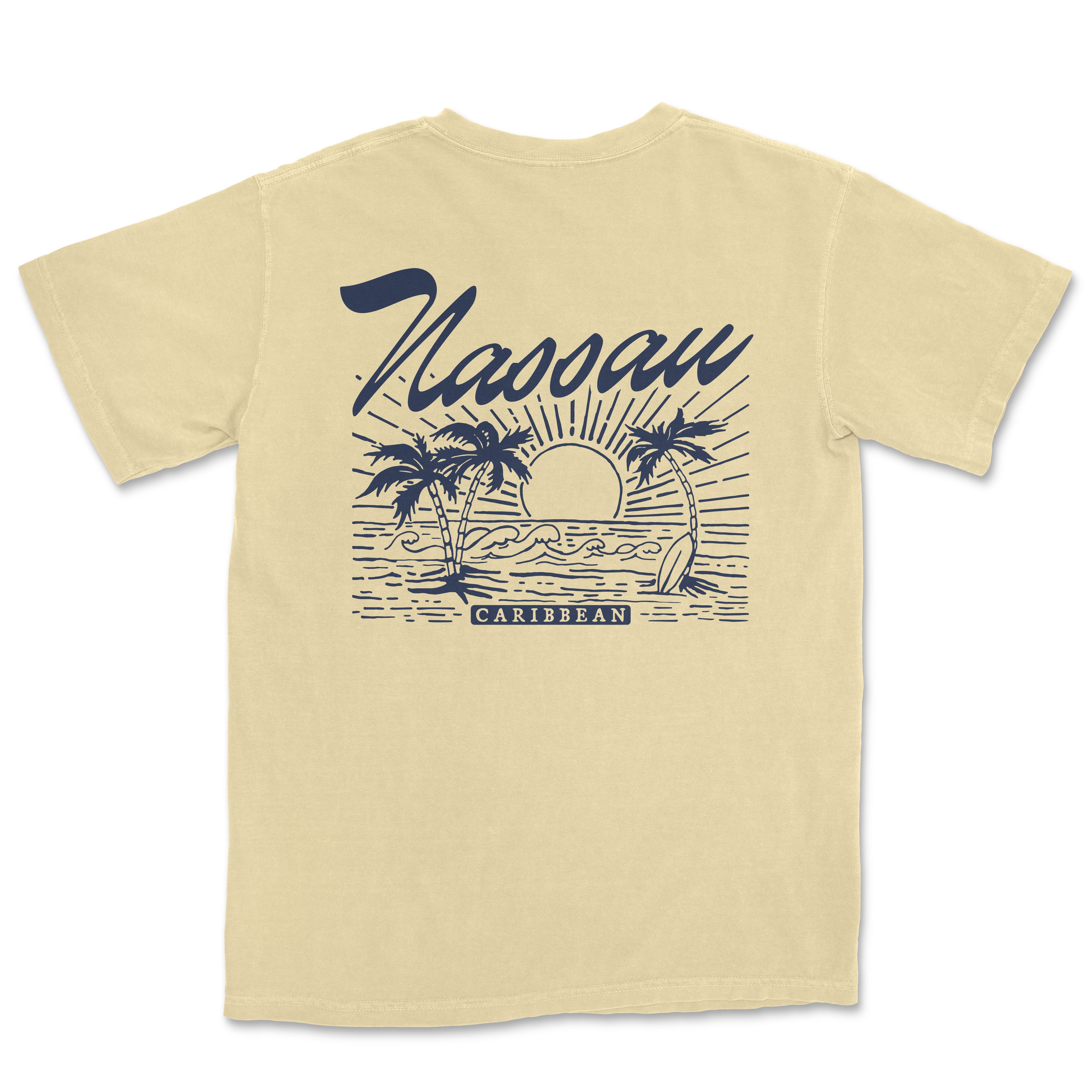 a yellow t - shirt with a picture of a sunset and palm trees