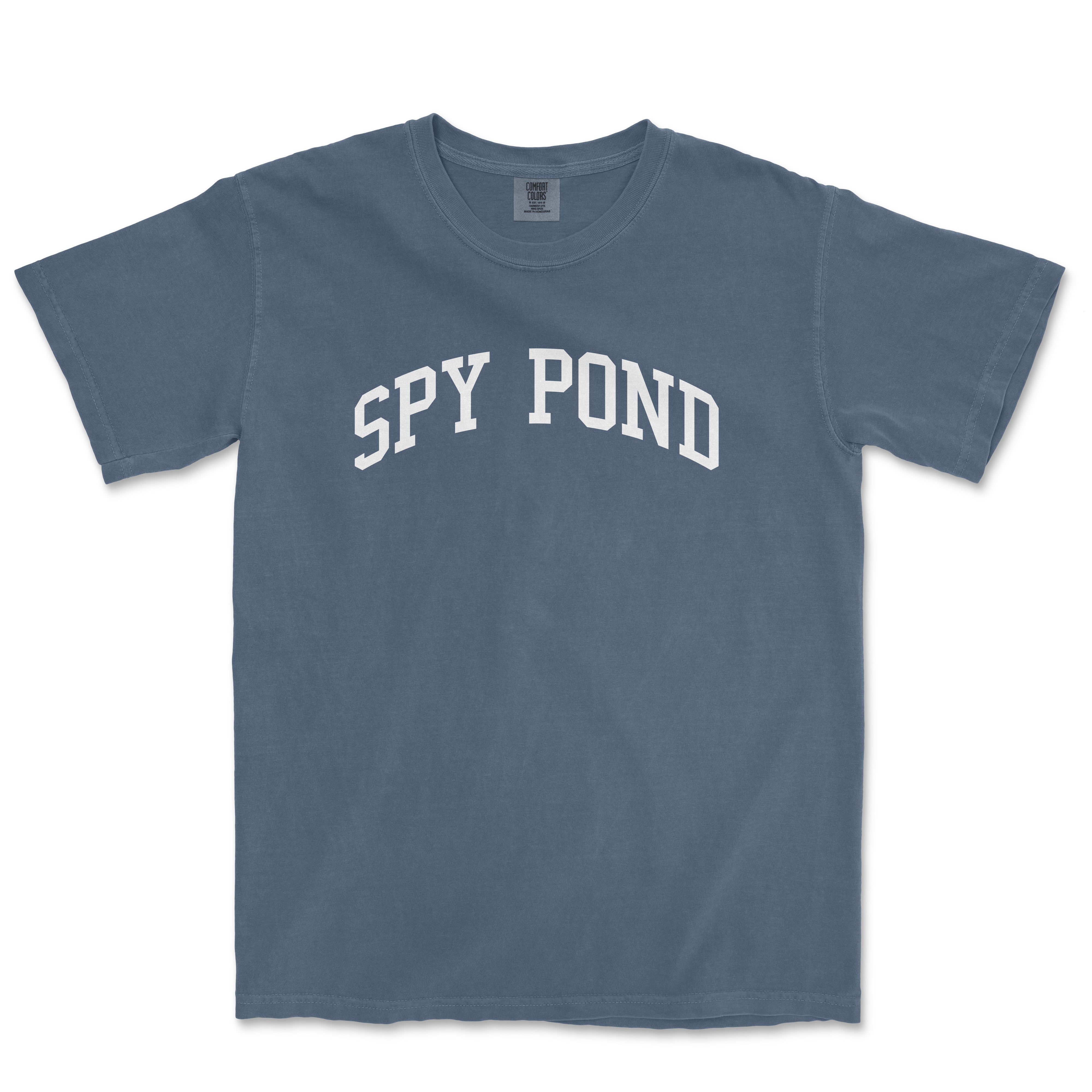 a blue t - shirt with the word spy pond printed on it