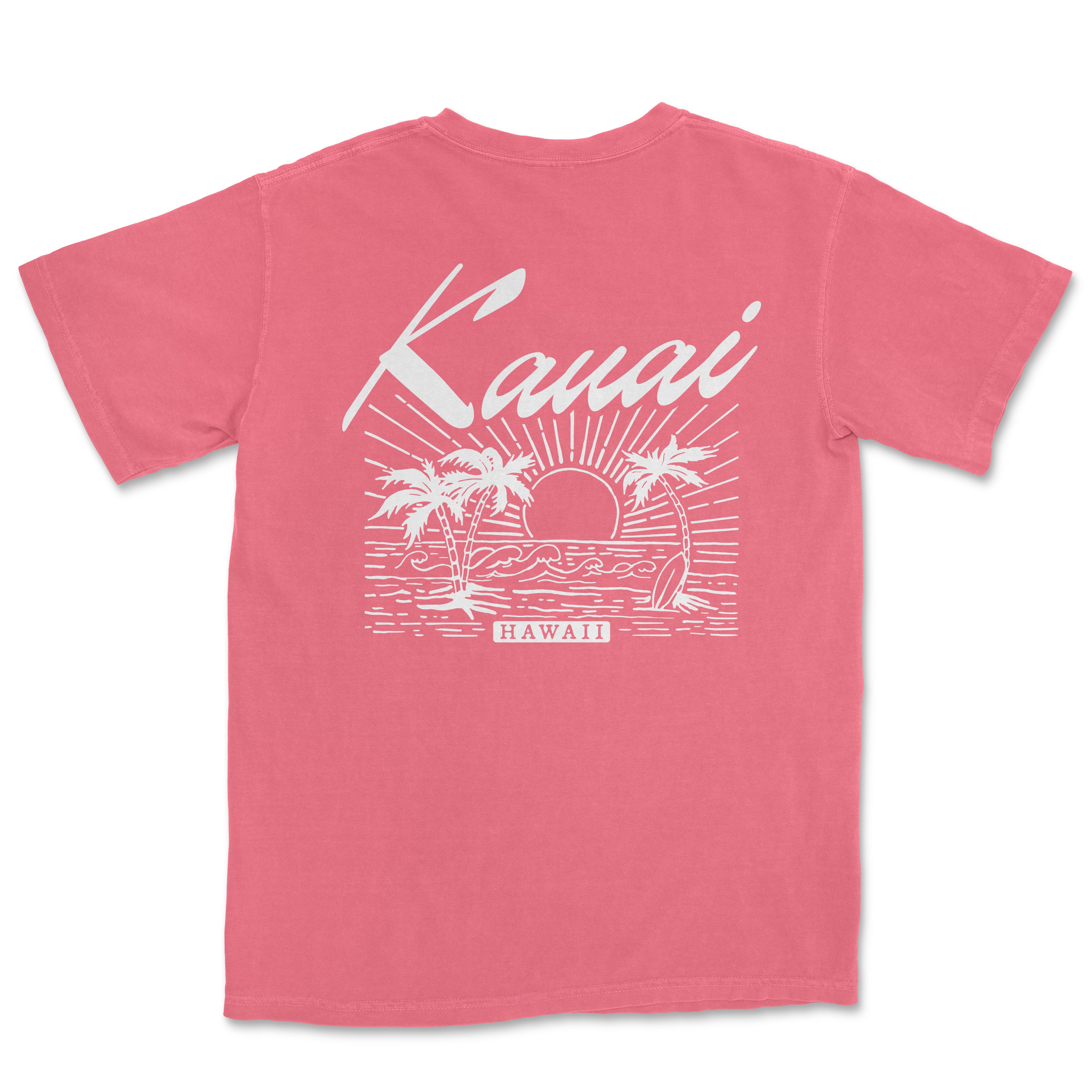 a pink t - shirt with the words kauai on it