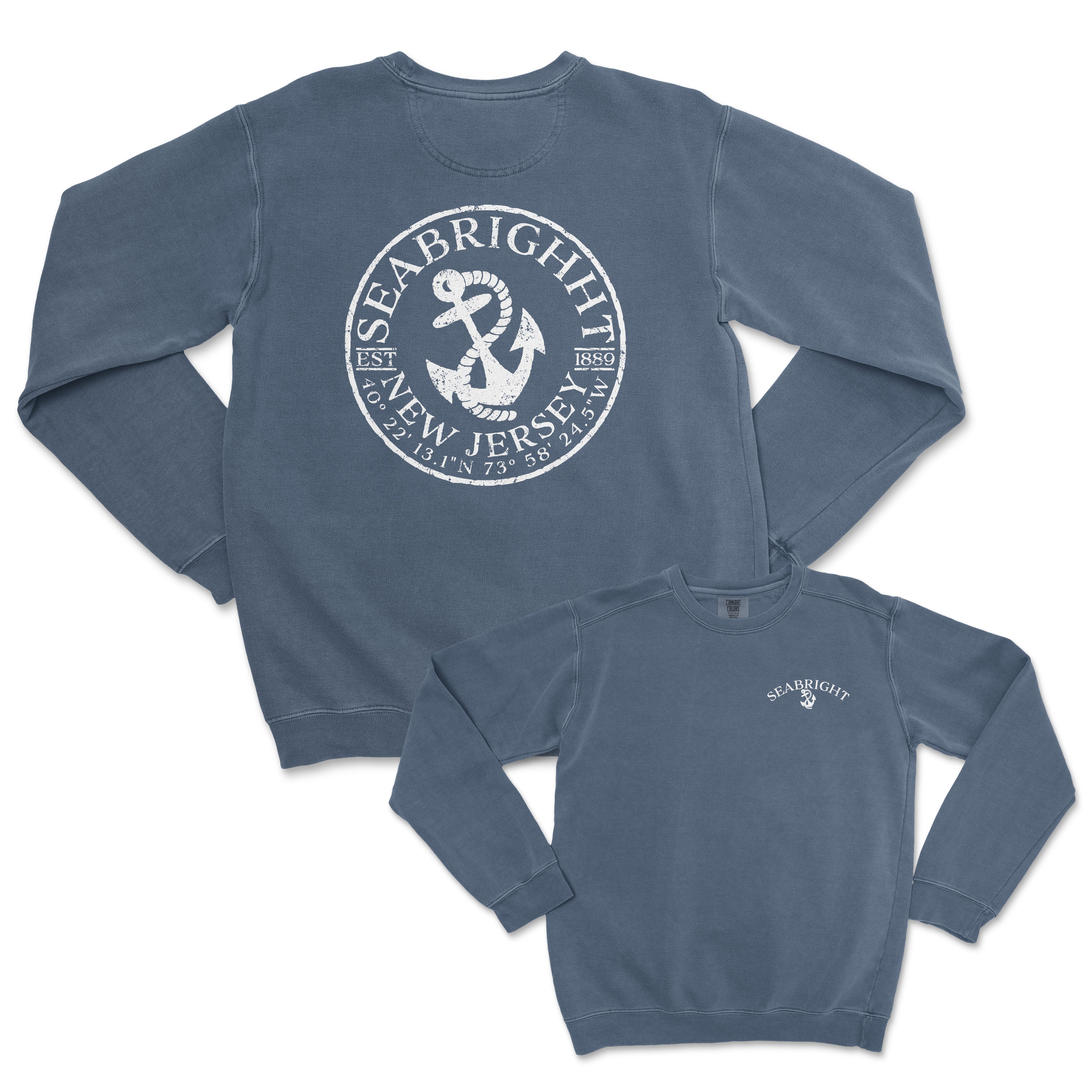 a blue sweatshirt with an anchor on the front and an anchor on the back