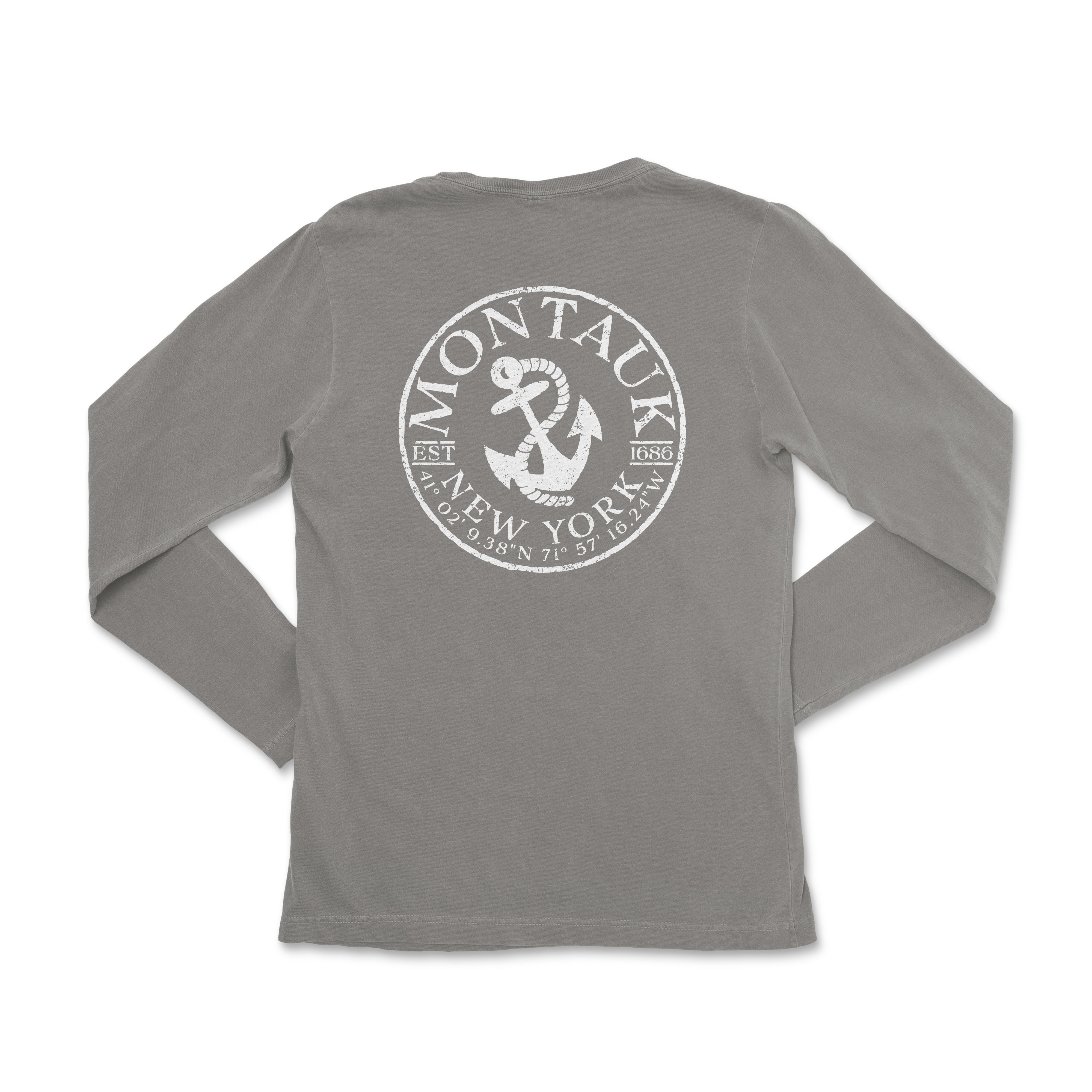 the back of a gray long sleeve shirt with an anchor on it