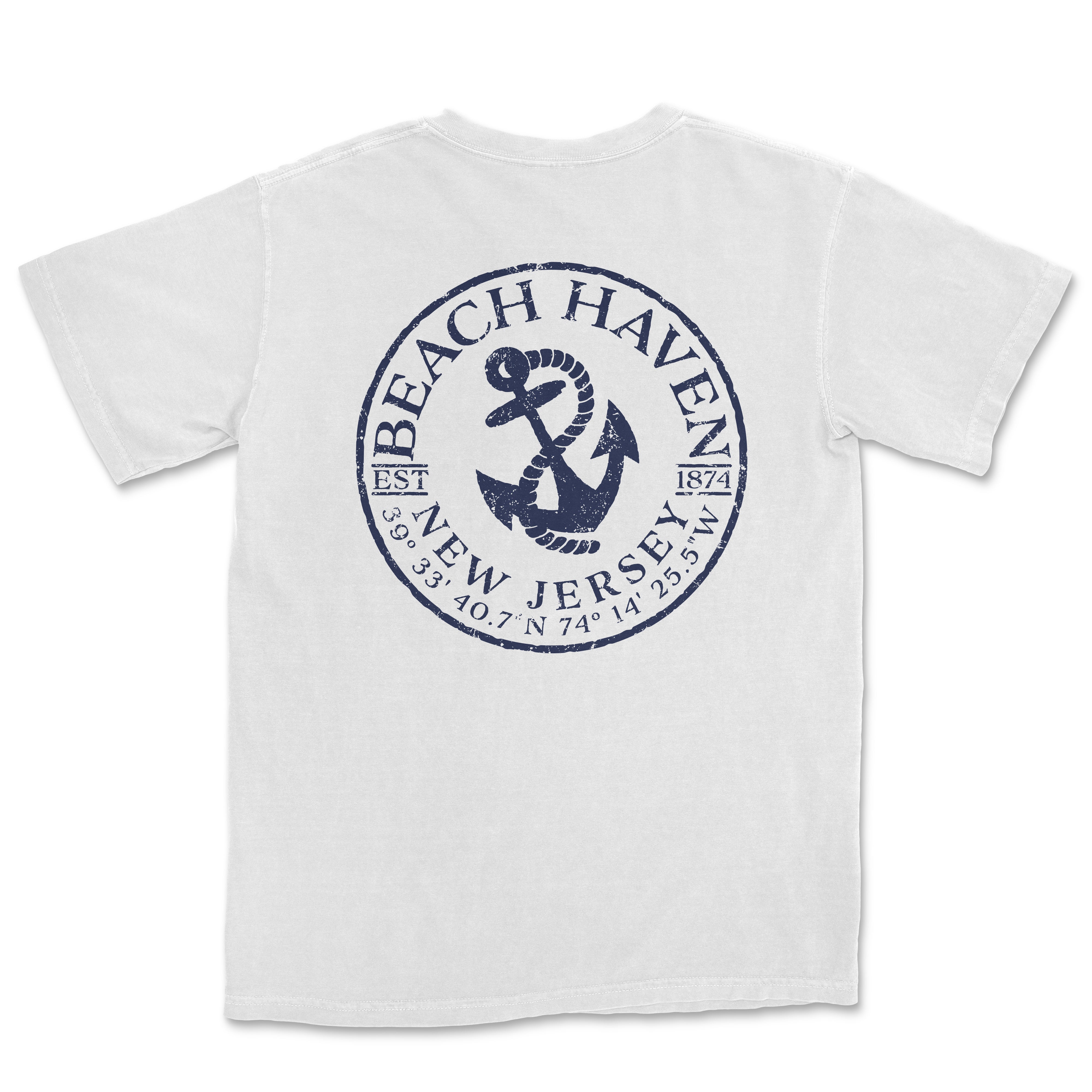 a white t - shirt with an anchor and the words beach haven on it