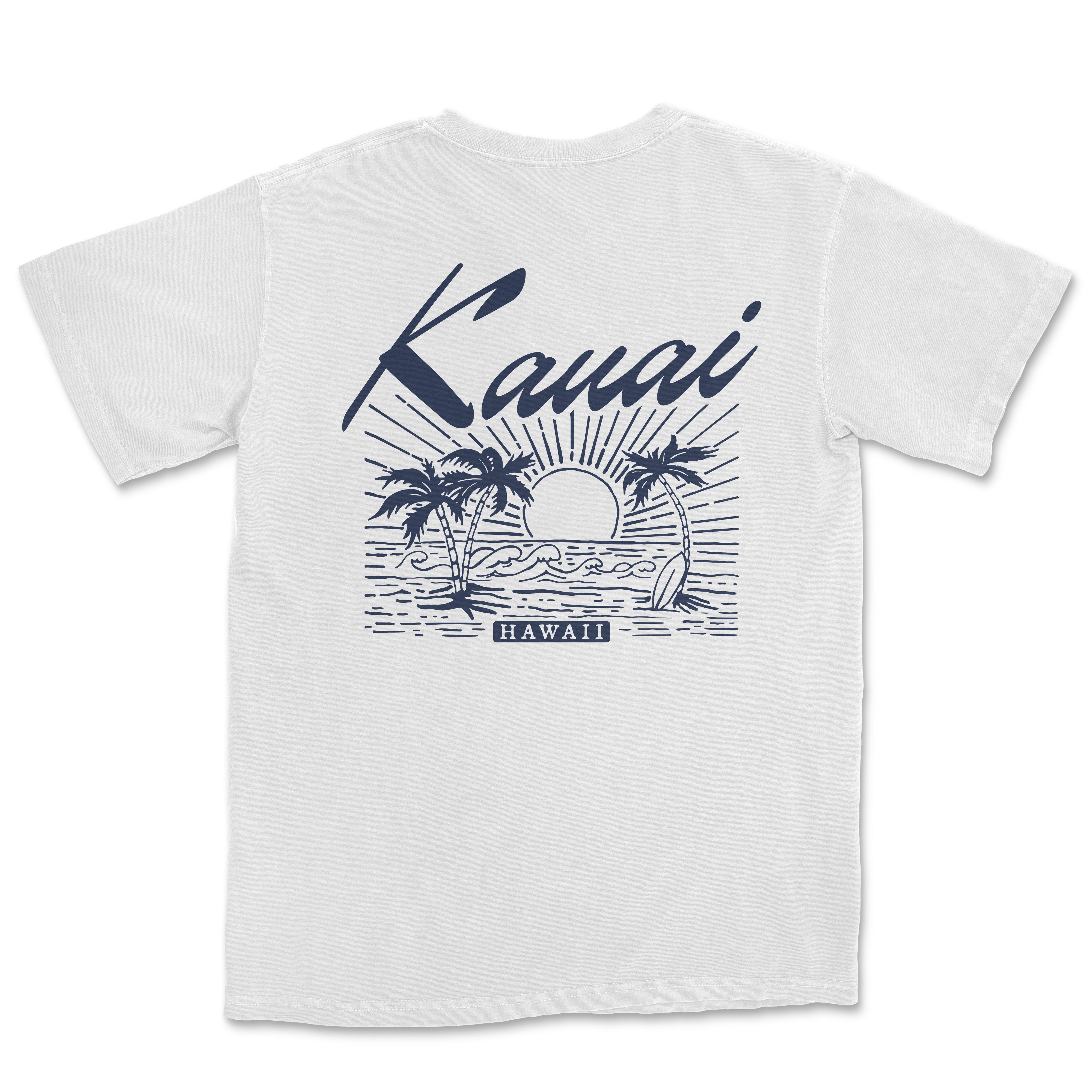 a white t - shirt with the words kauai on it