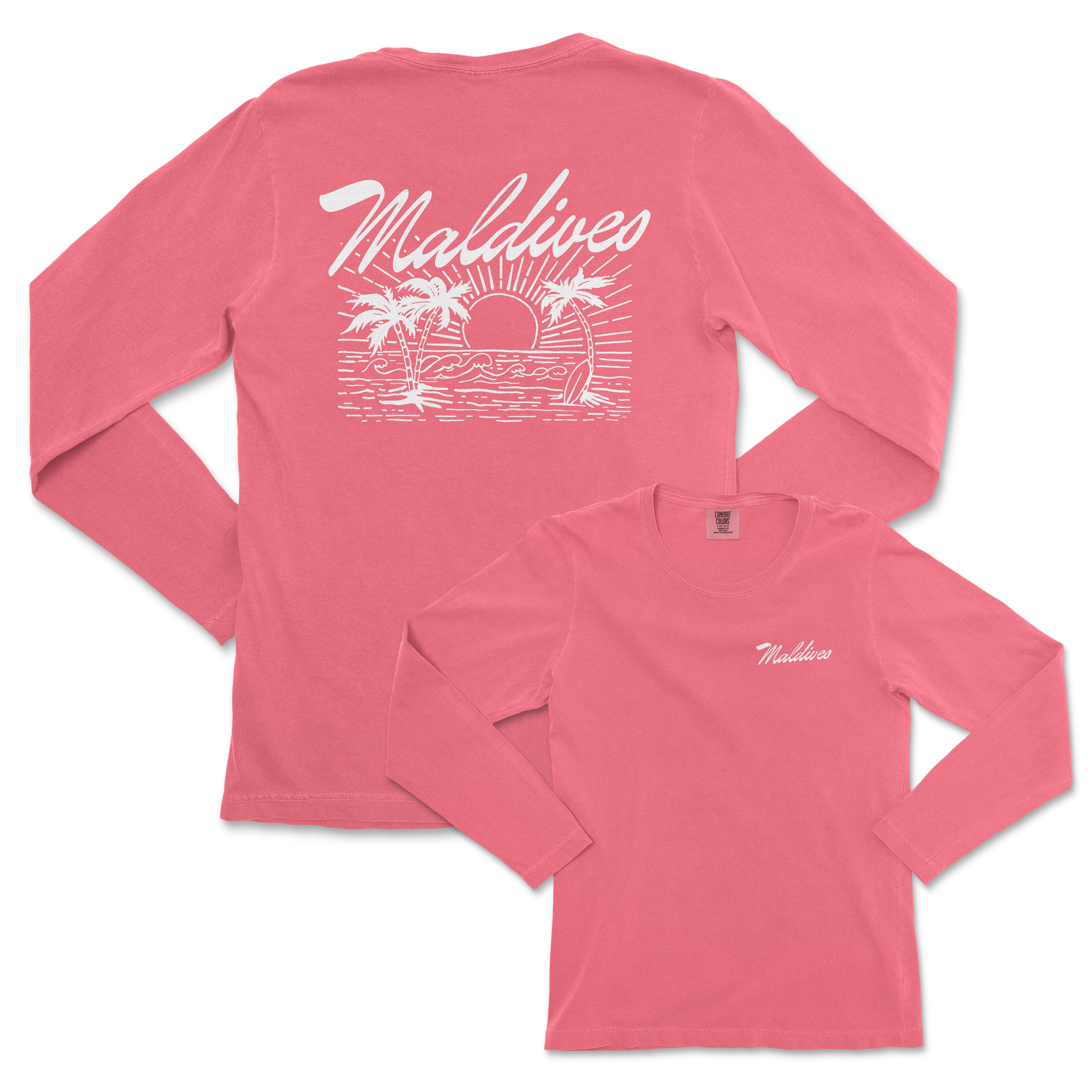 a women's pink long sleeve shirt with a palm tree on the front and