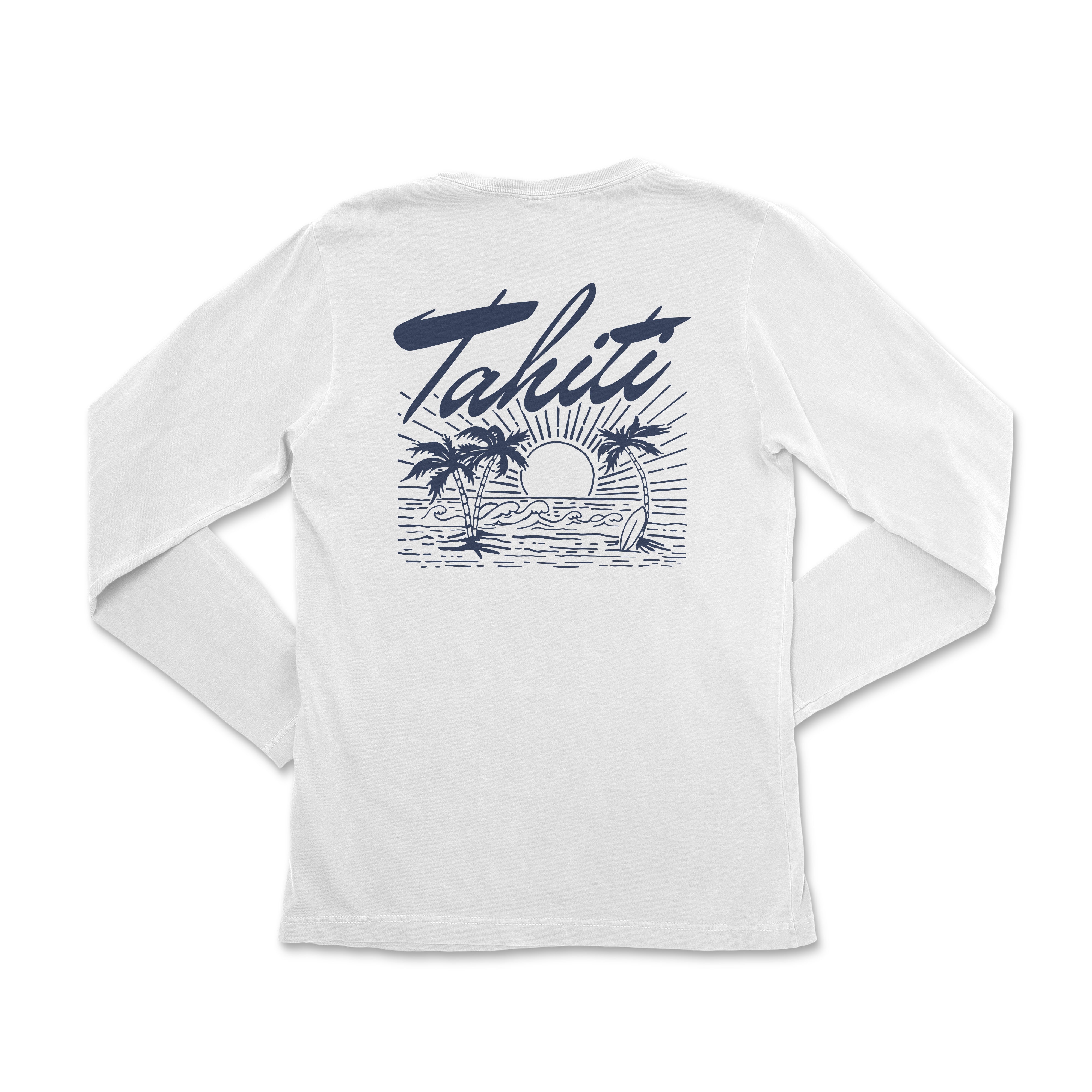 a white long sleeve shirt with the words tahiti on it