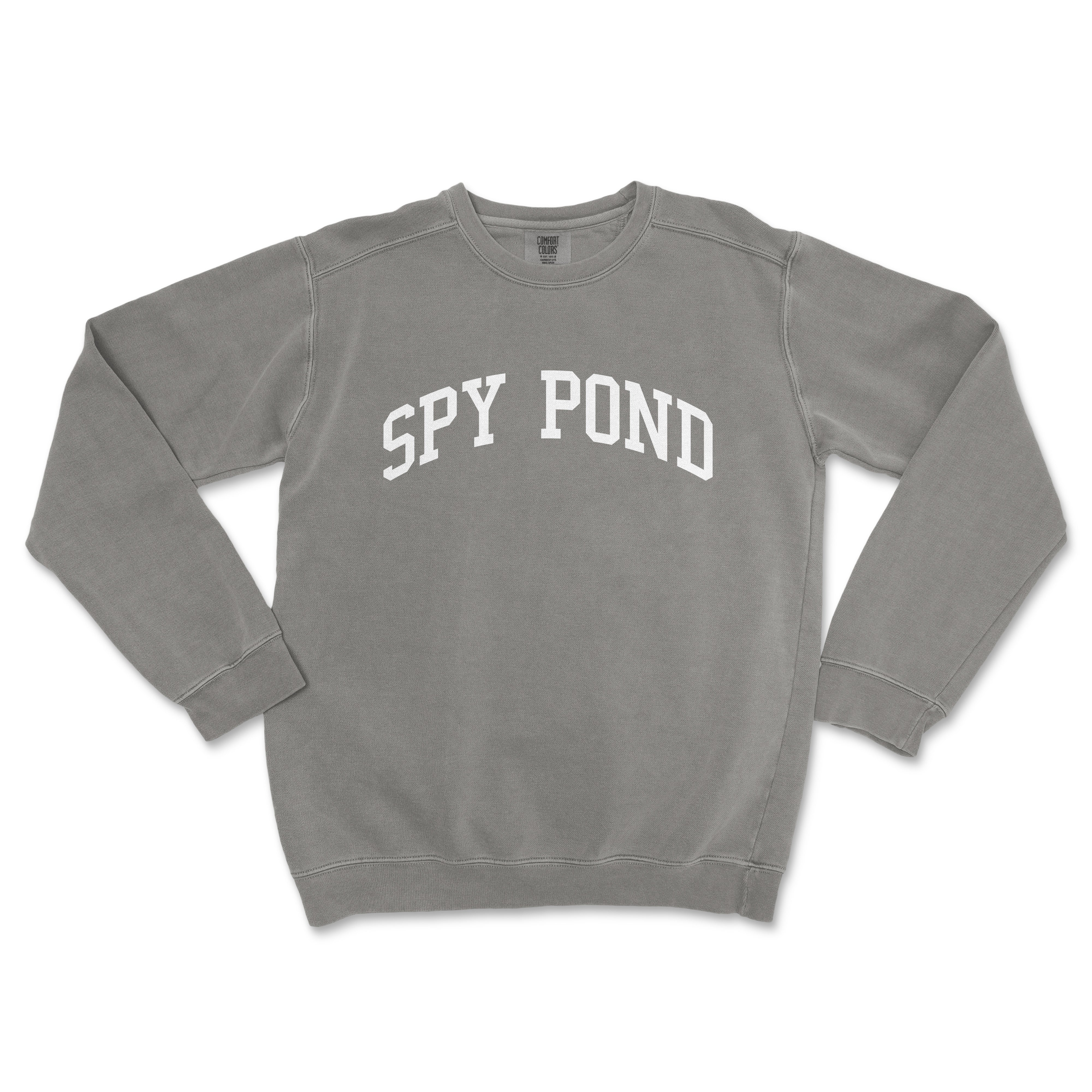 a grey sweatshirt with the word spy pond on it