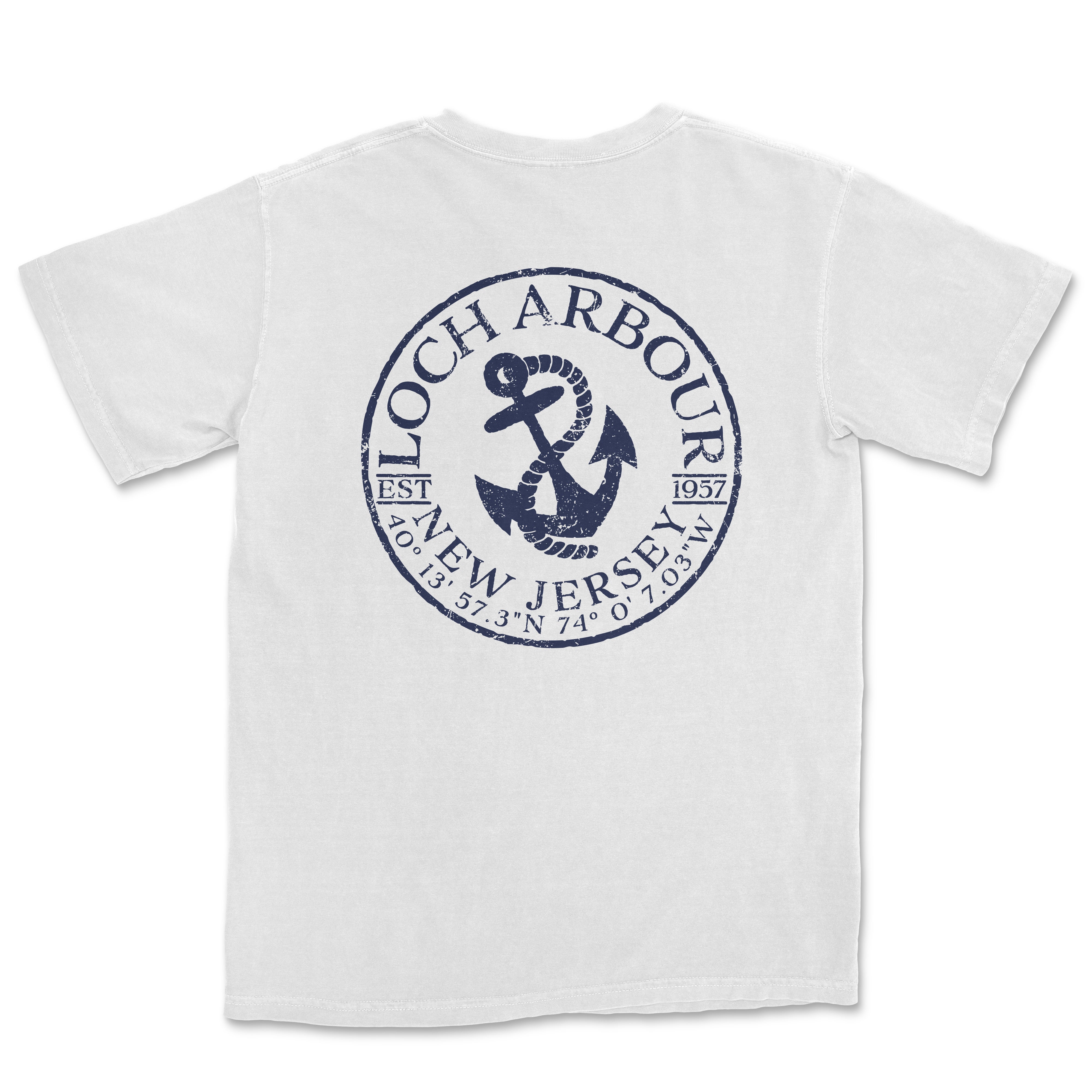 a white t - shirt with a blue anchor on it