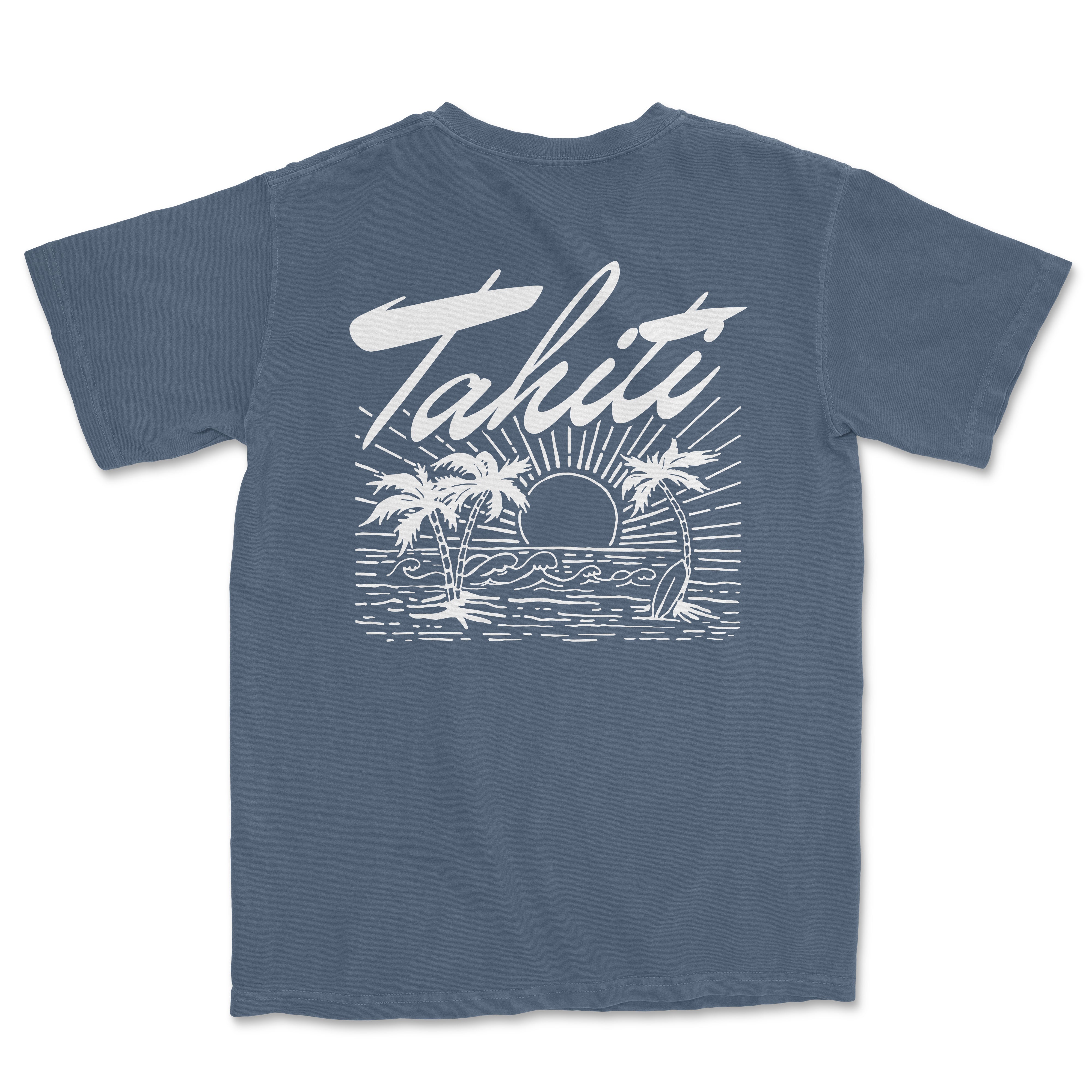 a blue t - shirt with a picture of a sunset and palm trees