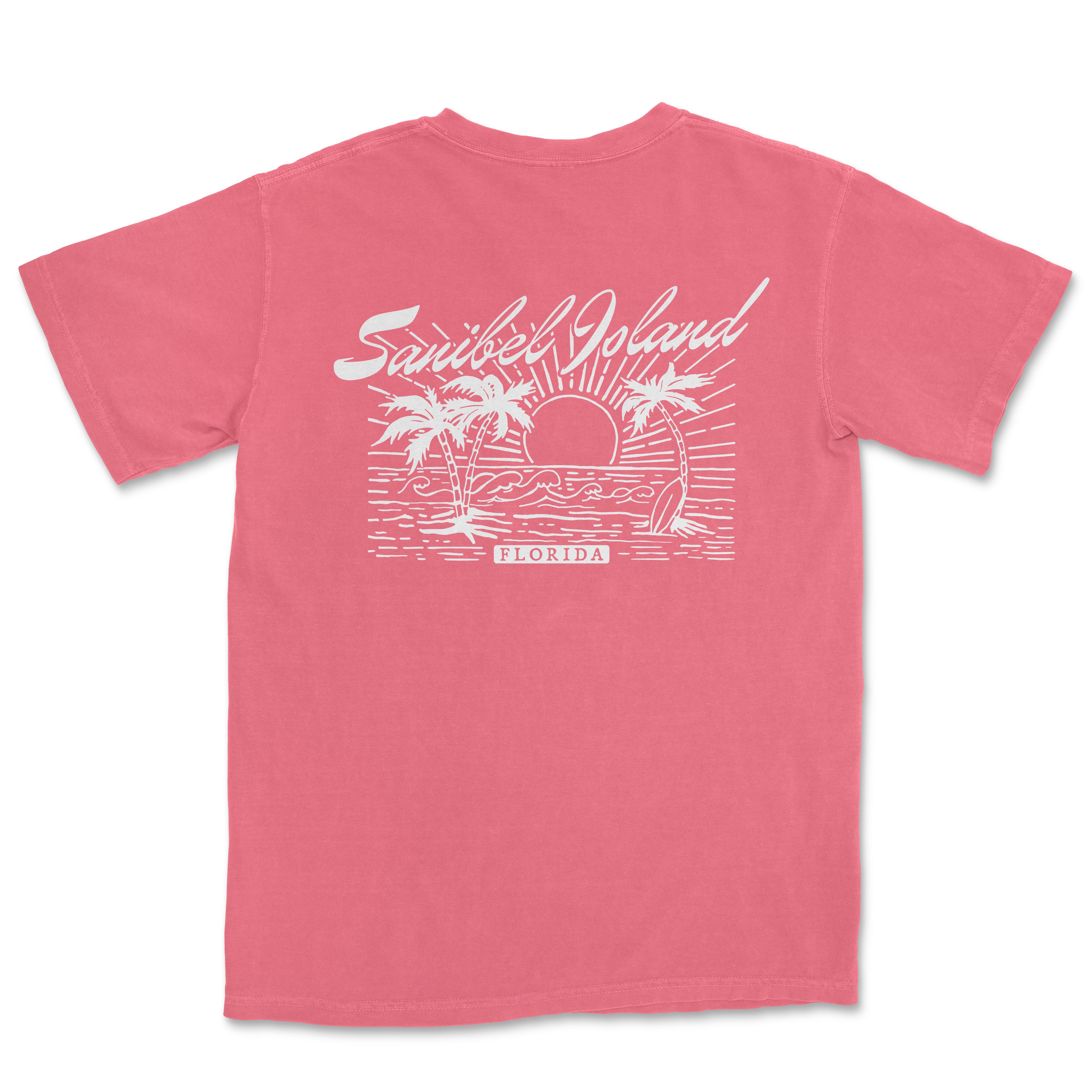 a pink t - shirt with a sunset and palm trees on it