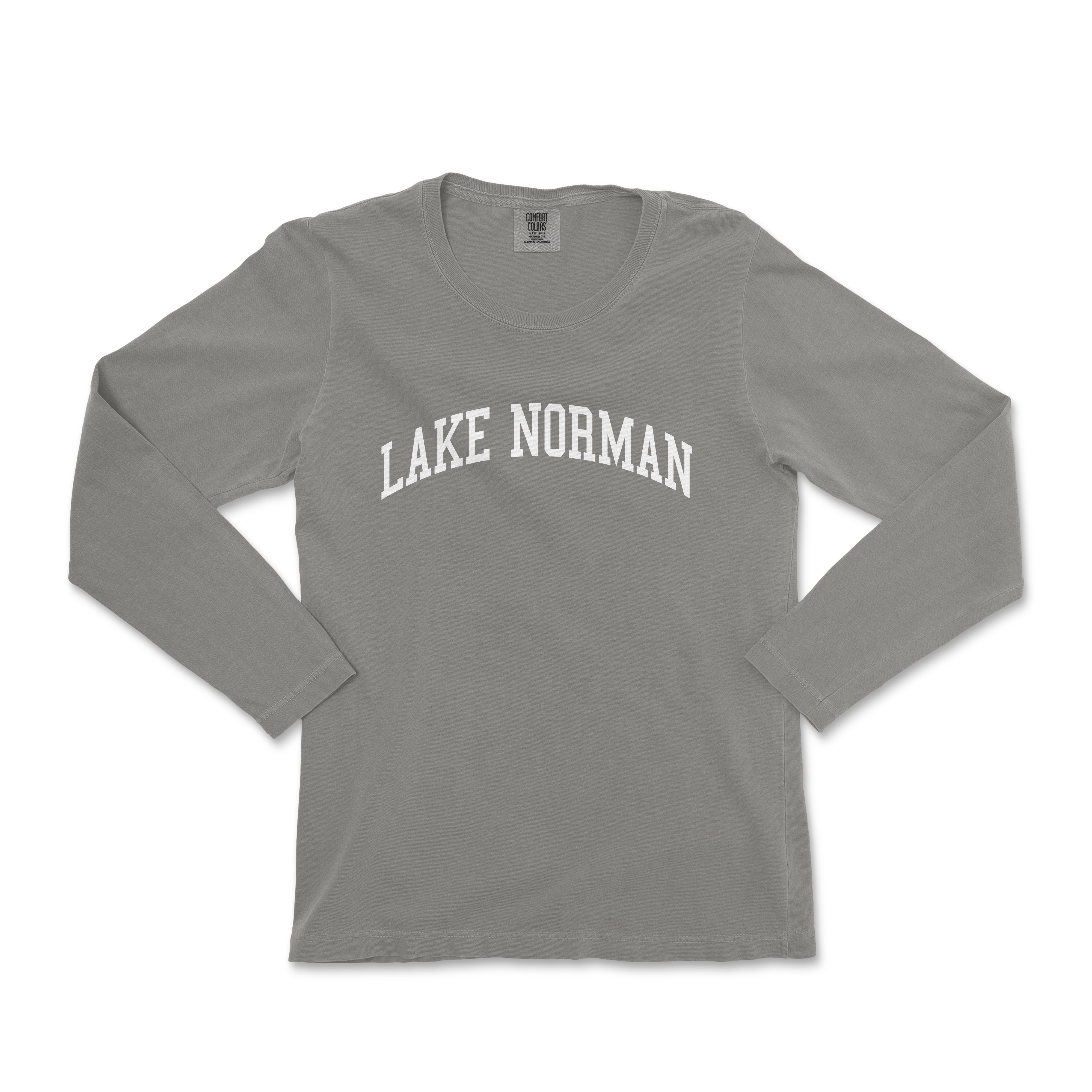 a gray long sleeve shirt that says lake norman