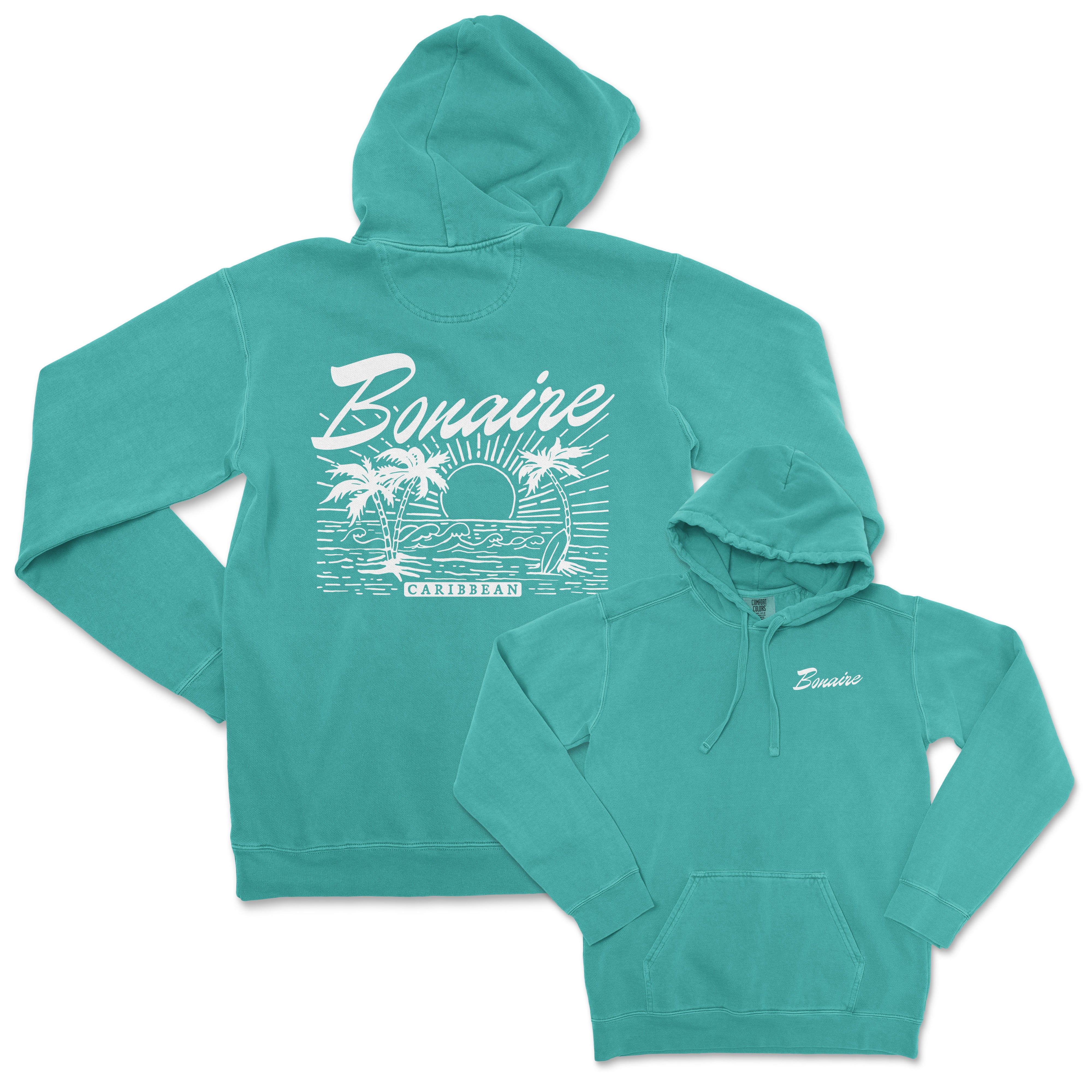 a turquoise sweatshirt with the words bonaire on it